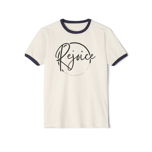 Rejoice Script Ringer Tee — Inspirational Torah Inspired Biblical Feast Graphic T-Shirt