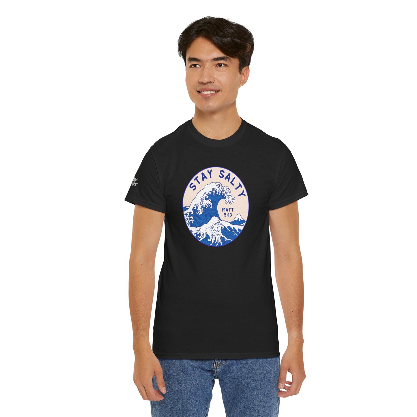 Stay Salty Surf T-Shirt — Coastal Wave Graphic with Matthew 5:13 (Hokusai-Inspired)
