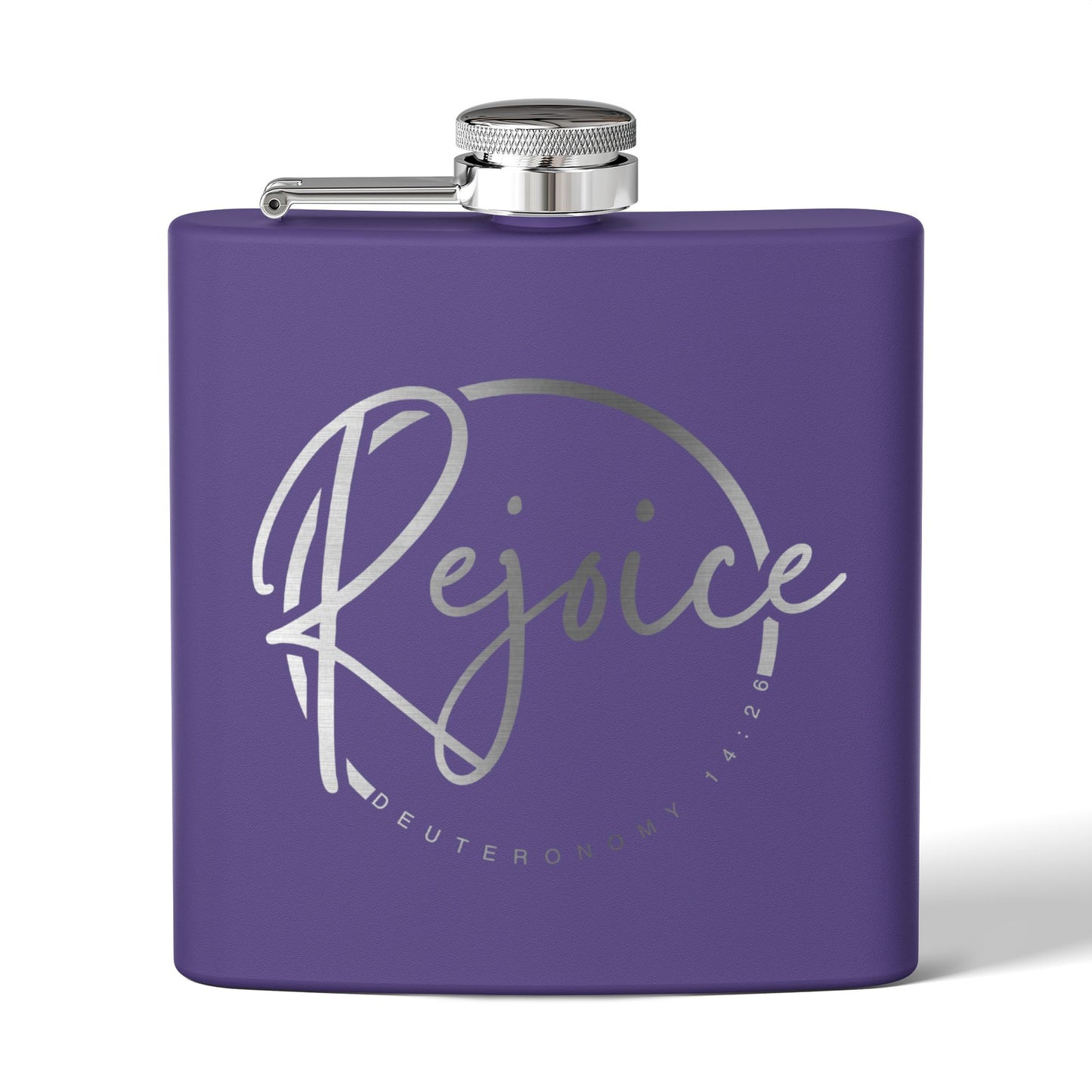 Rejoice Stainless Steel Flask — 6oz Inspirational Biblical Feasts Hip Flask (Deuteronomy 12:7)