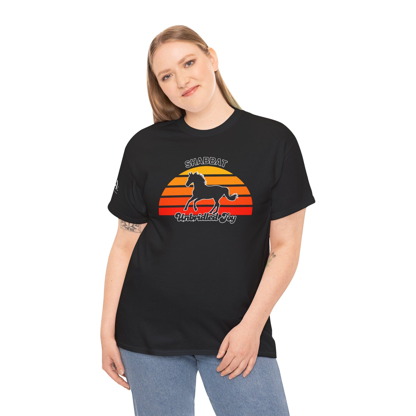 Shabbat Unbridled Joy Tee — Retro Horse Sabbath Sunset T‑Shirt