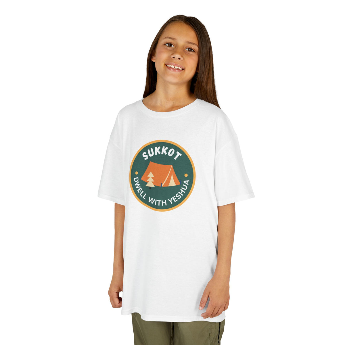 Kids Sukkot Tee — 'Sukkot - Dwell with Yeshua' Camping Badge Shirt