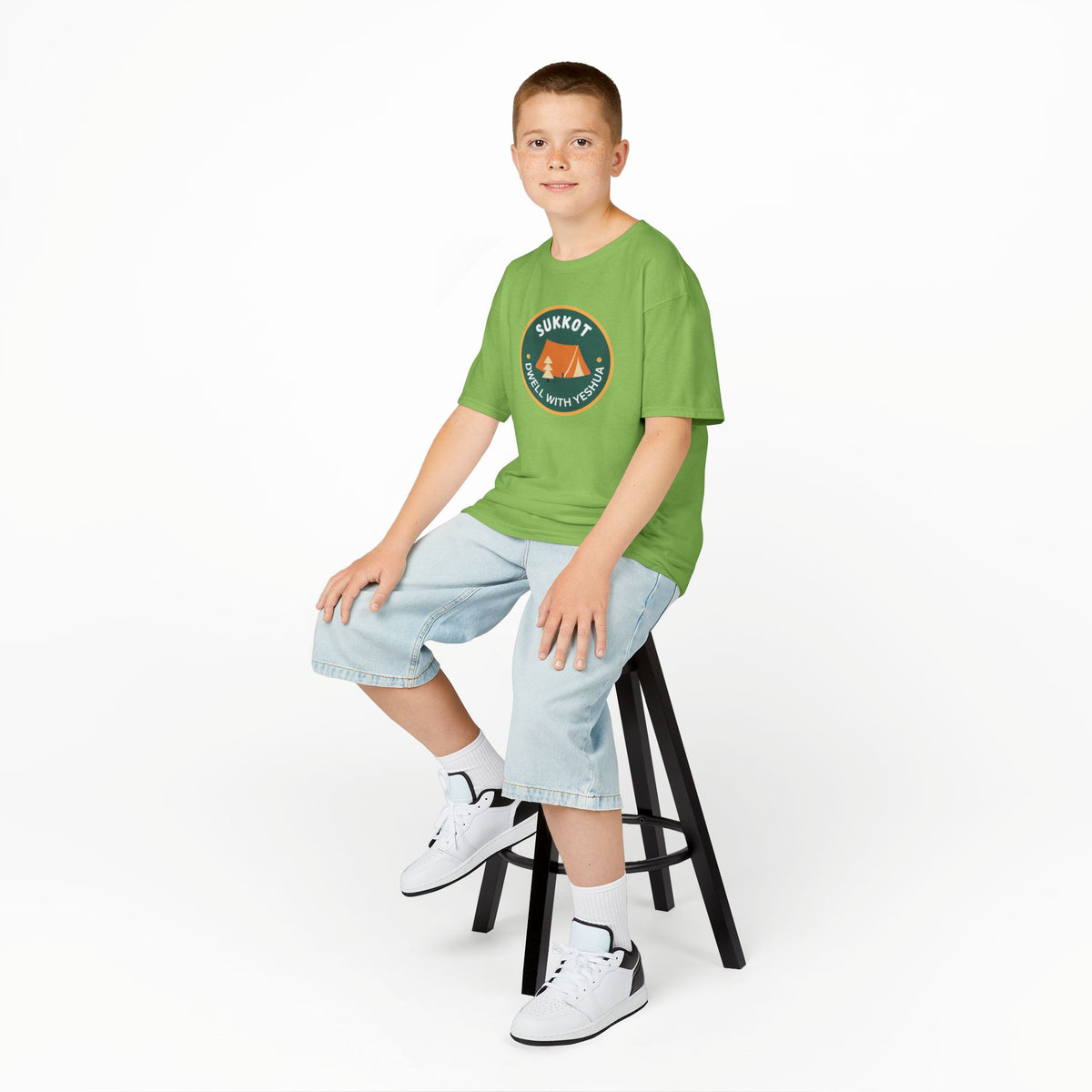 Kids Sukkot Tee — 'Sukkot - Dwell with Yeshua' Camping Badge Shirt