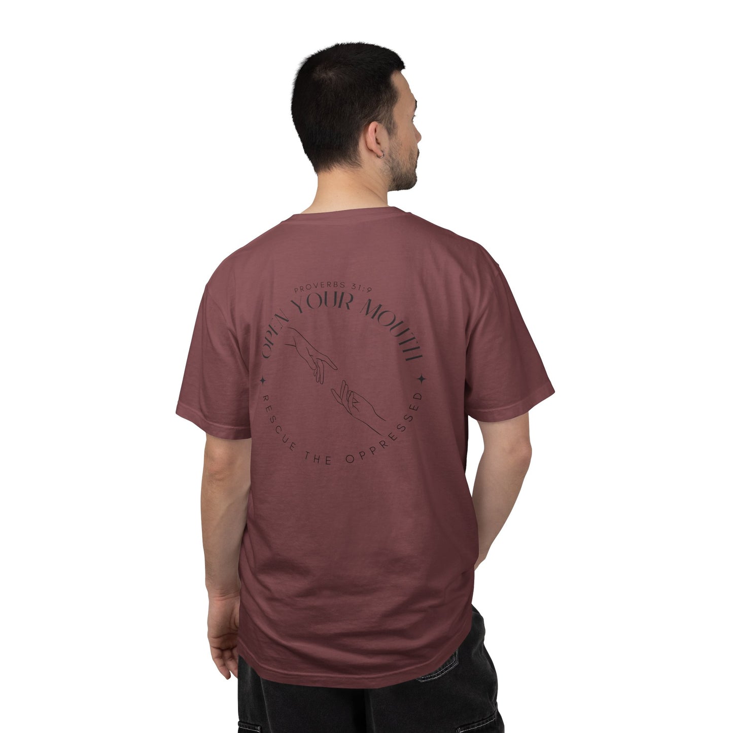 Open your Mouth Garment-Dyed T-Shirt — Rescue the Oppressed Back Print