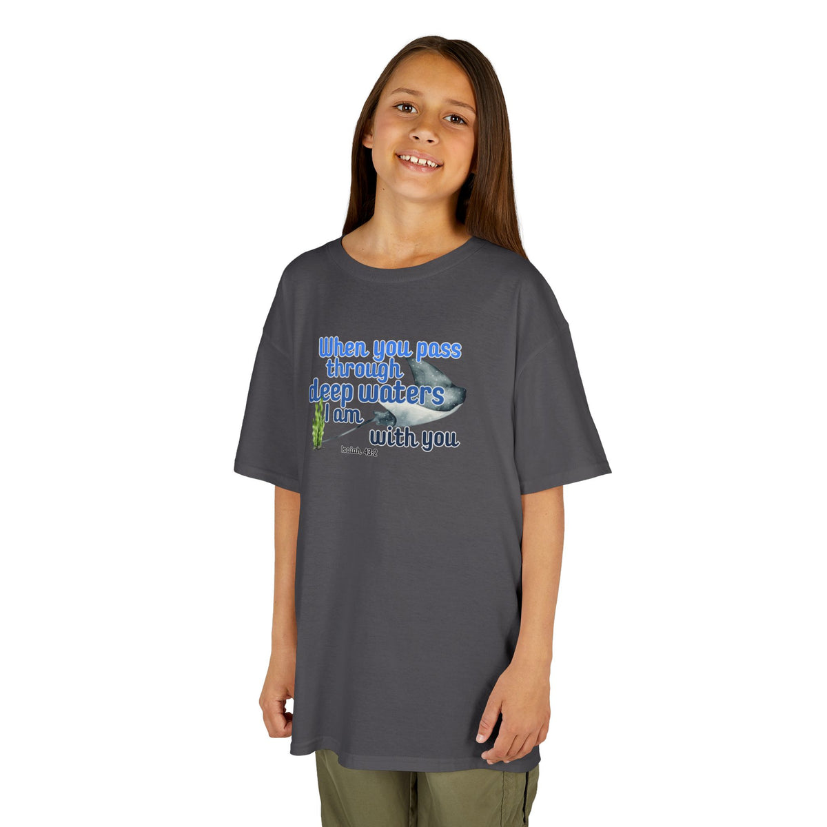 "When you pass through deep waters I am with you" Stingray Bible Verse Shirt Kid's Shirt