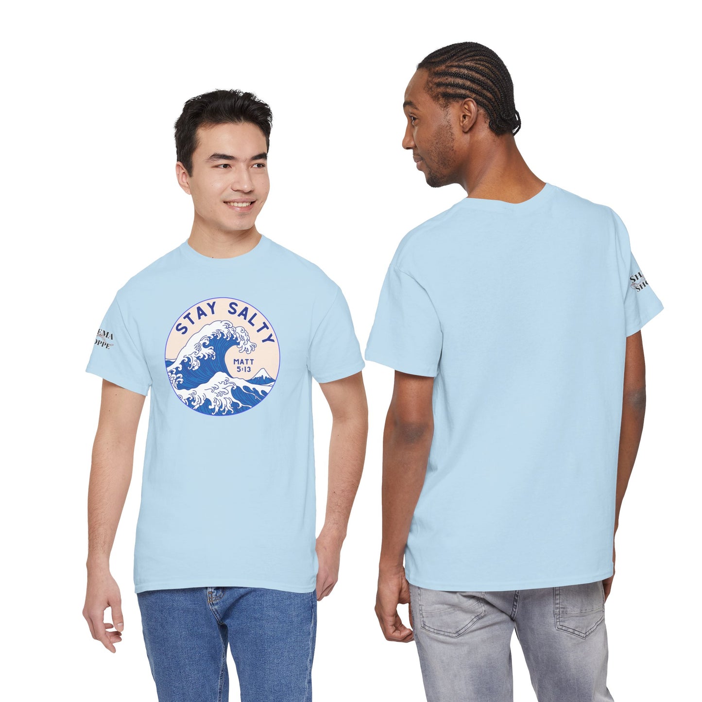 Stay Salty Surf T-Shirt — Coastal Wave Graphic with Matthew 5:13 (Hokusai-Inspired)