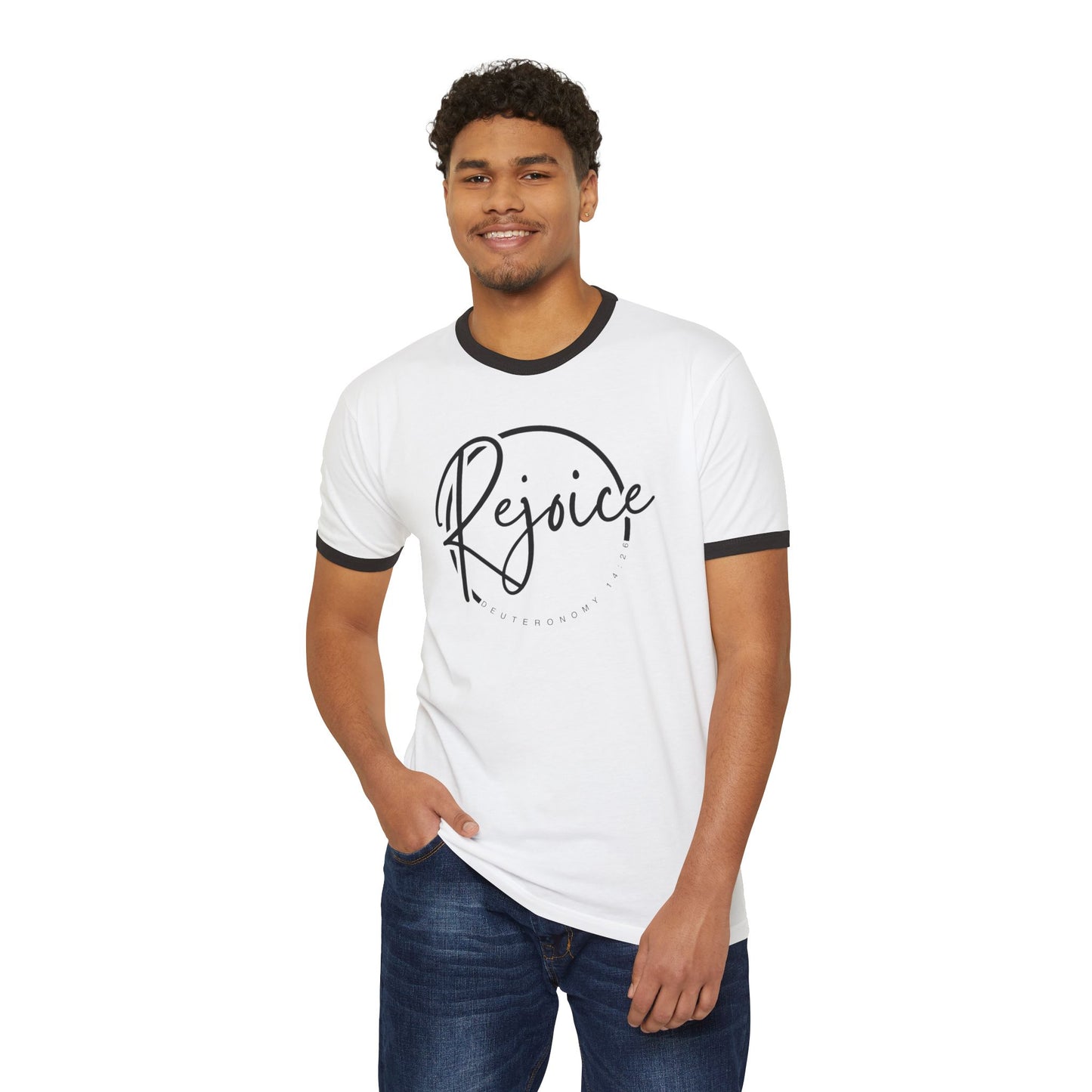 Rejoice Script Ringer Tee — Inspirational Torah Inspired Biblical Feast Graphic T-Shirt
