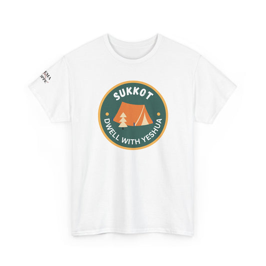 Sukkot Camping Tee — “Dwell With Yeshua” Biblical Feast T‑Shirt
