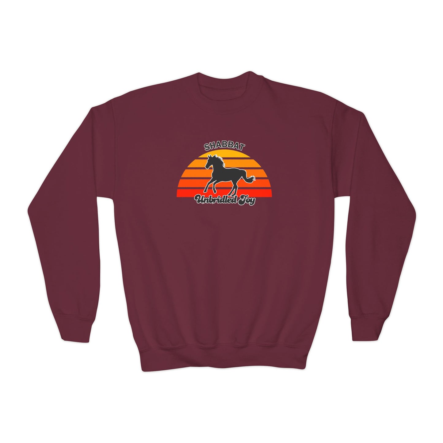 Youth Crewneck Sweatshirt — "Shabbat: Unbridled Joy" Retro Sunset Horse Design