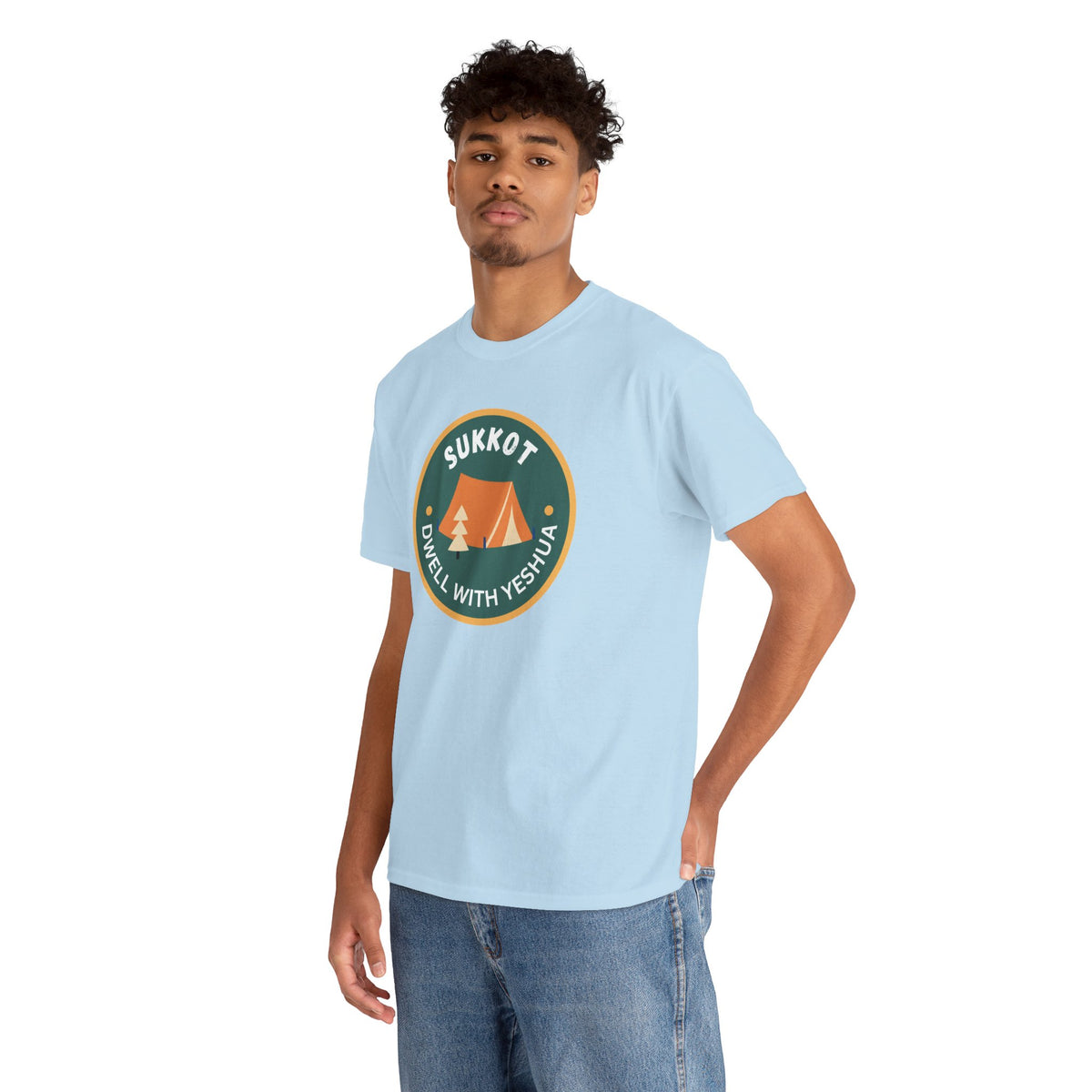 Sukkot Camping Tee — “Dwell With Yeshua” Biblical Feast T‑Shirt