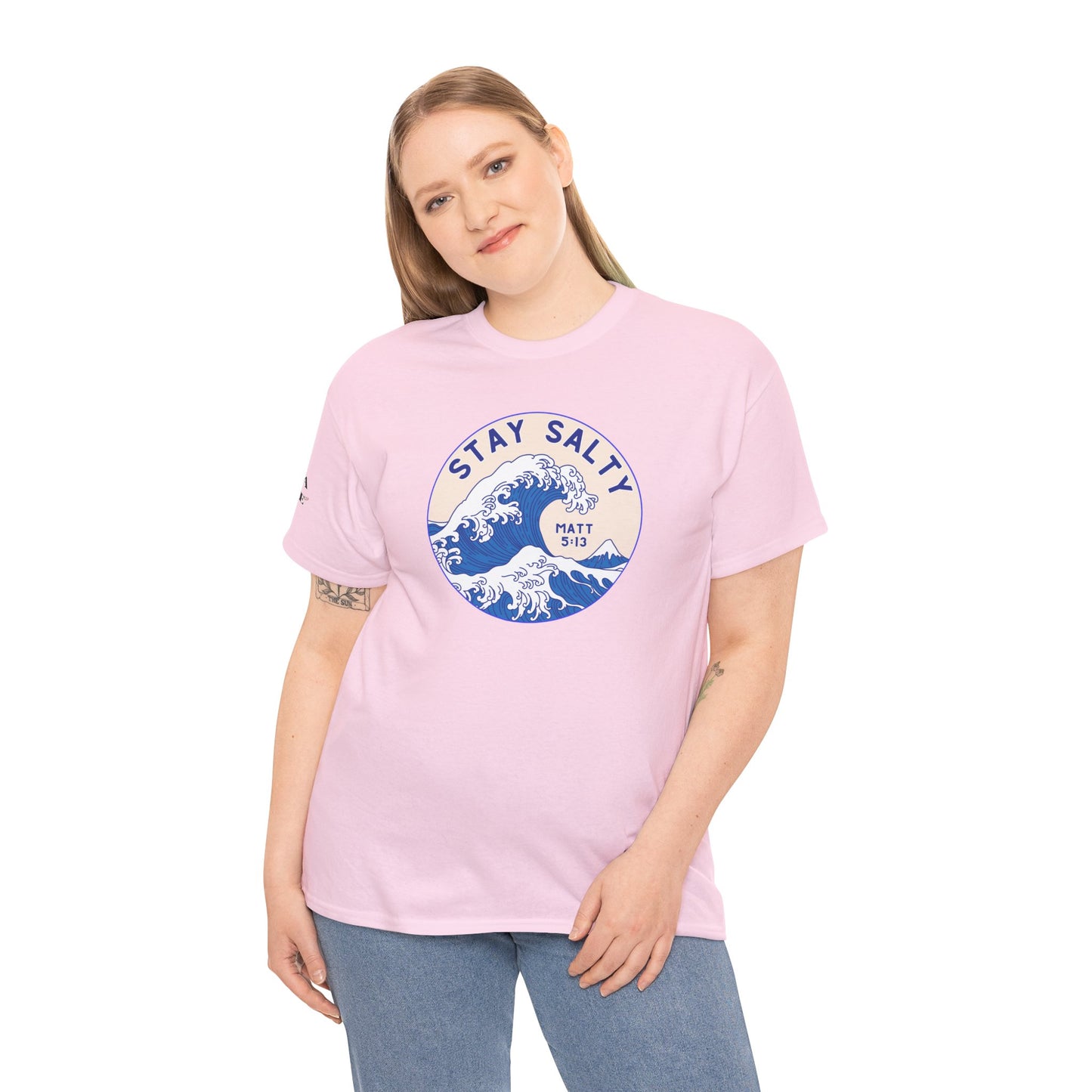 Stay Salty Surf T-Shirt — Coastal Wave Graphic with Matthew 5:13 (Hokusai-Inspired)