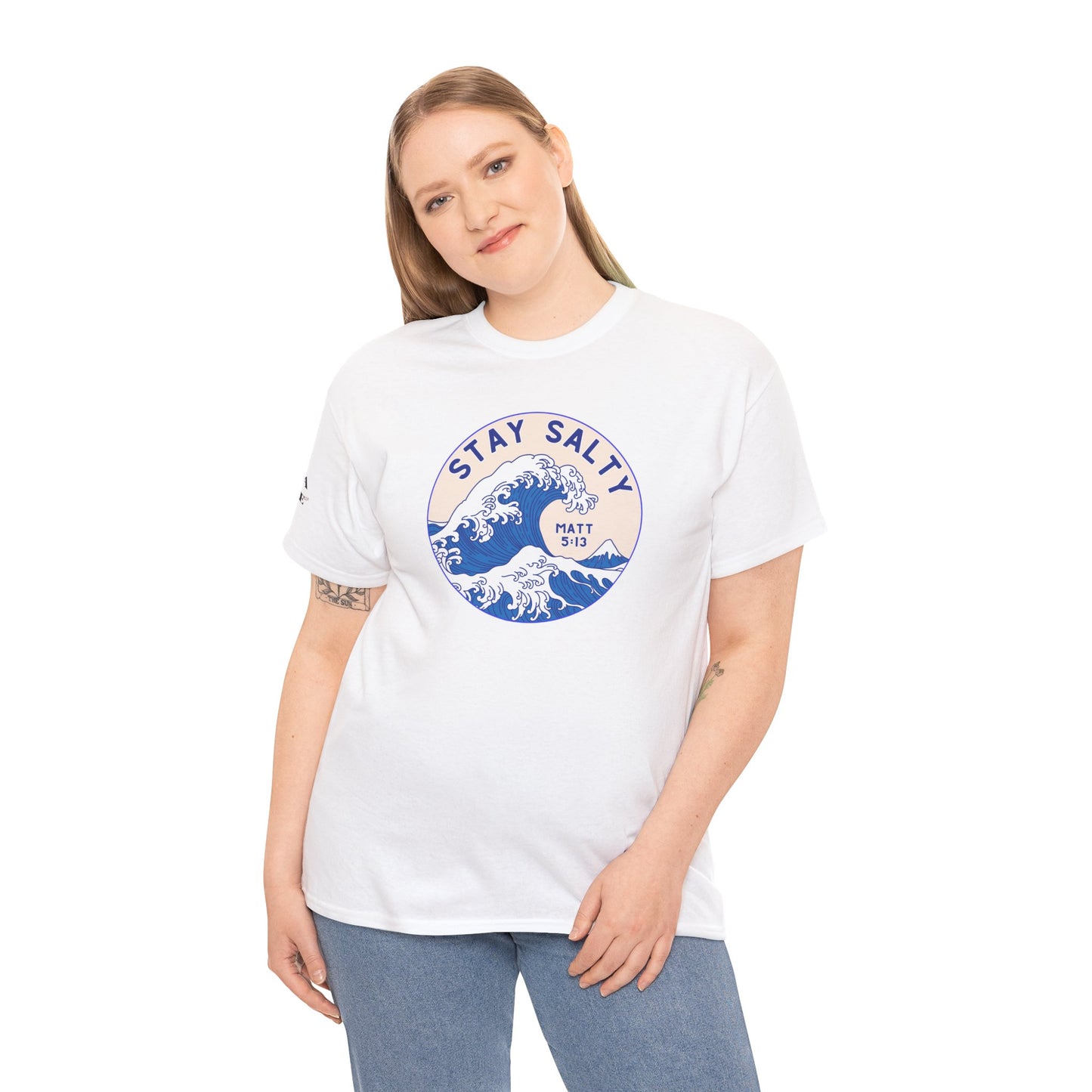 Stay Salty Surf T-Shirt — Coastal Wave Graphic with Matthew 5:13 (Hokusai-Inspired)