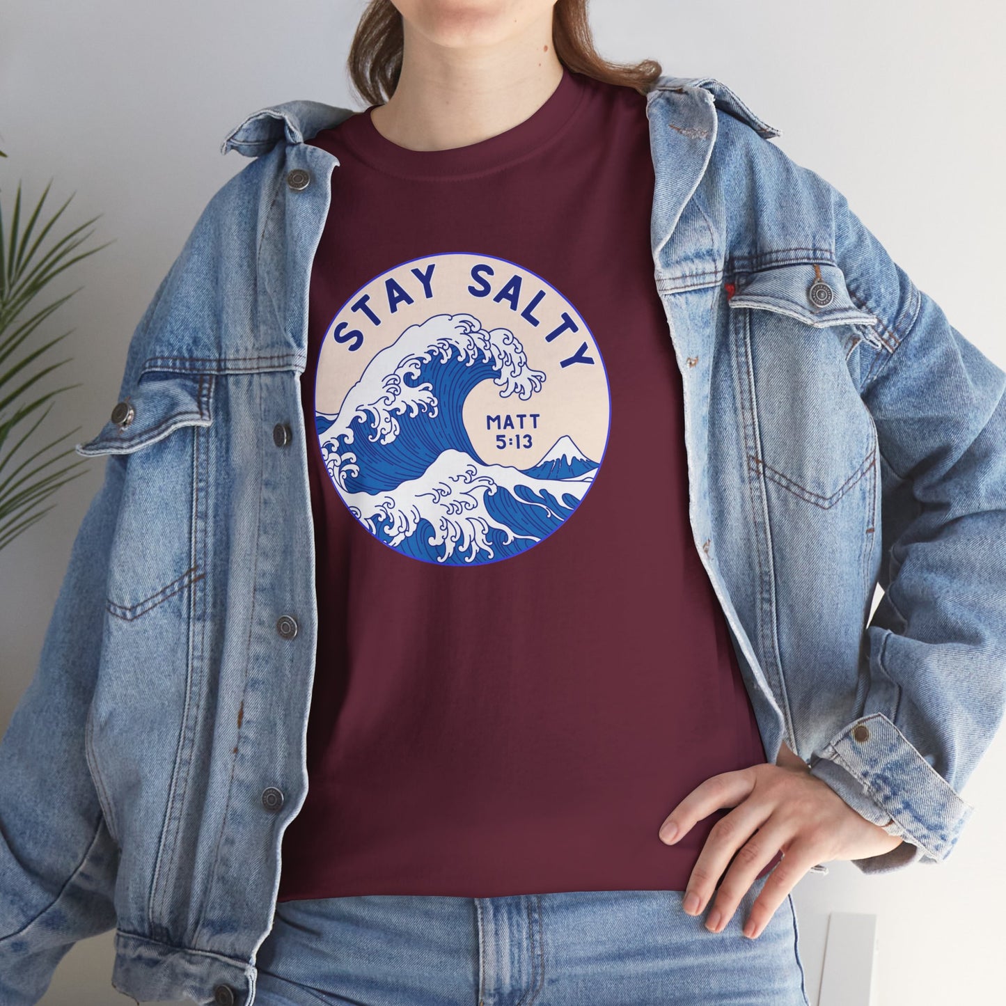 Stay Salty Surf T-Shirt — Coastal Wave Graphic with Matthew 5:13 (Hokusai-Inspired)