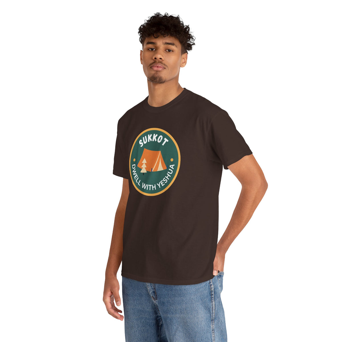 Sukkot Camping Tee — “Dwell With Yeshua” Biblical Feast T‑Shirt