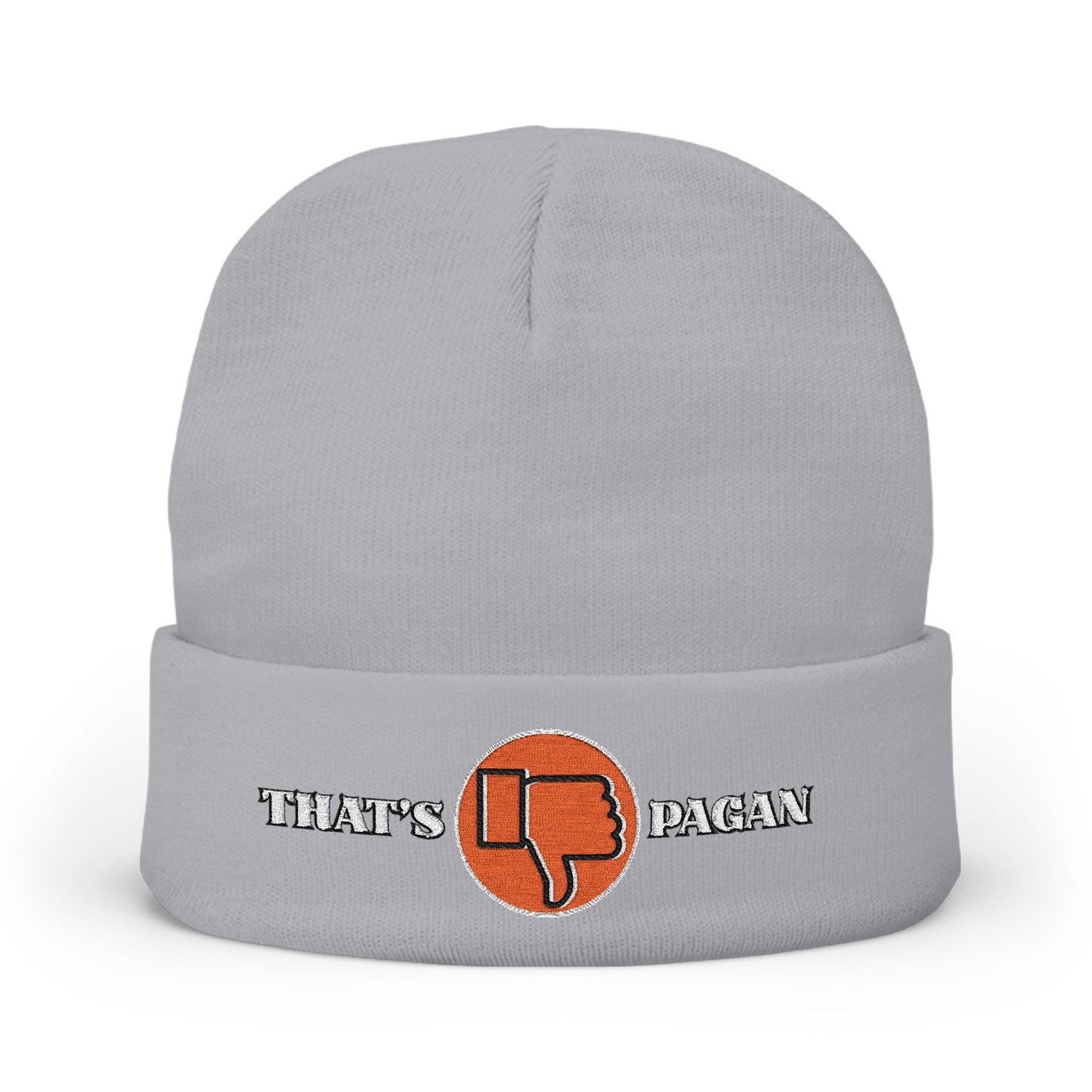 Embroidered 'That's Pagan' Knit Beanie — Thumbs Down Logo Winter Hat