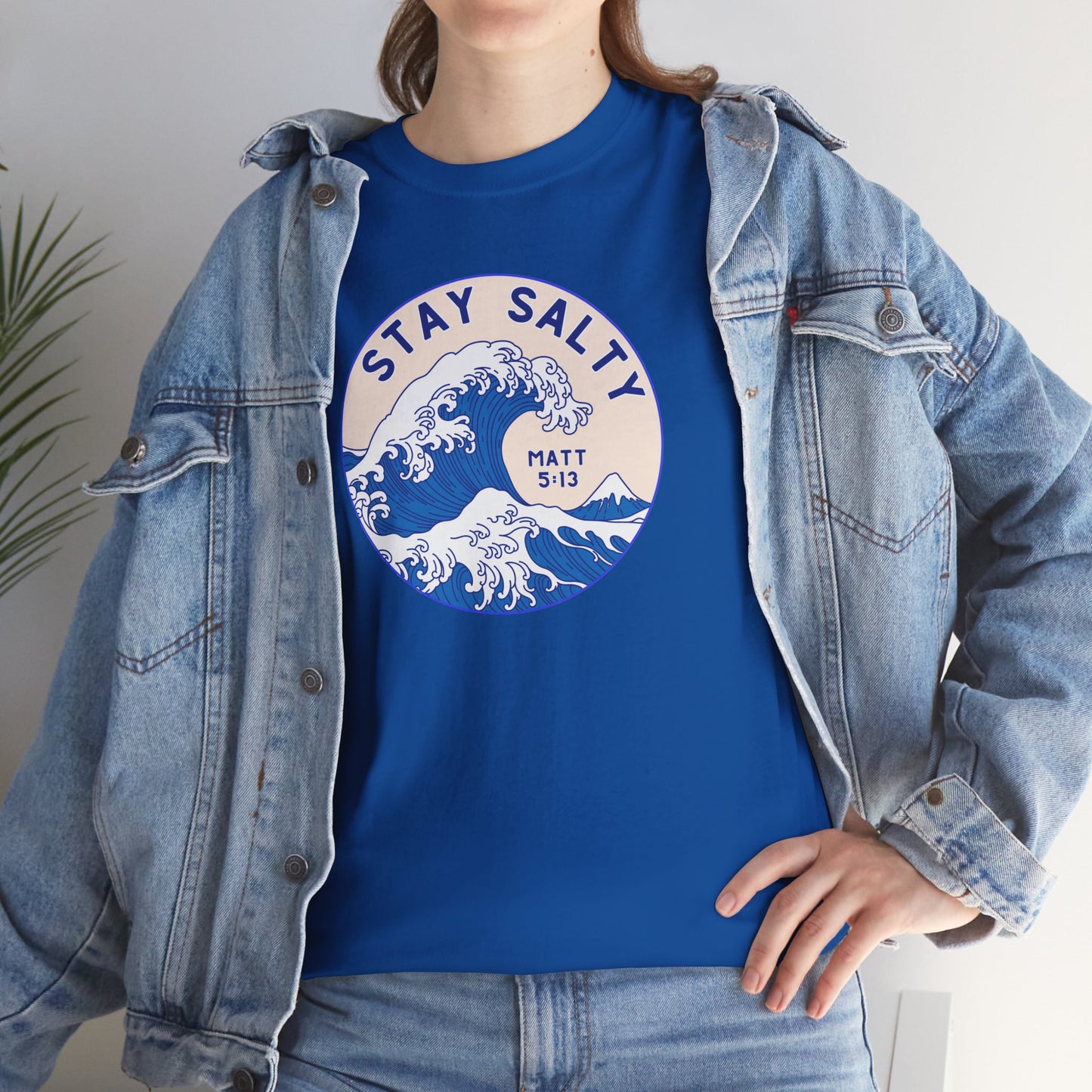 Stay Salty Surf T-Shirt — Coastal Wave Graphic with Matthew 5:13 (Hokusai-Inspired)