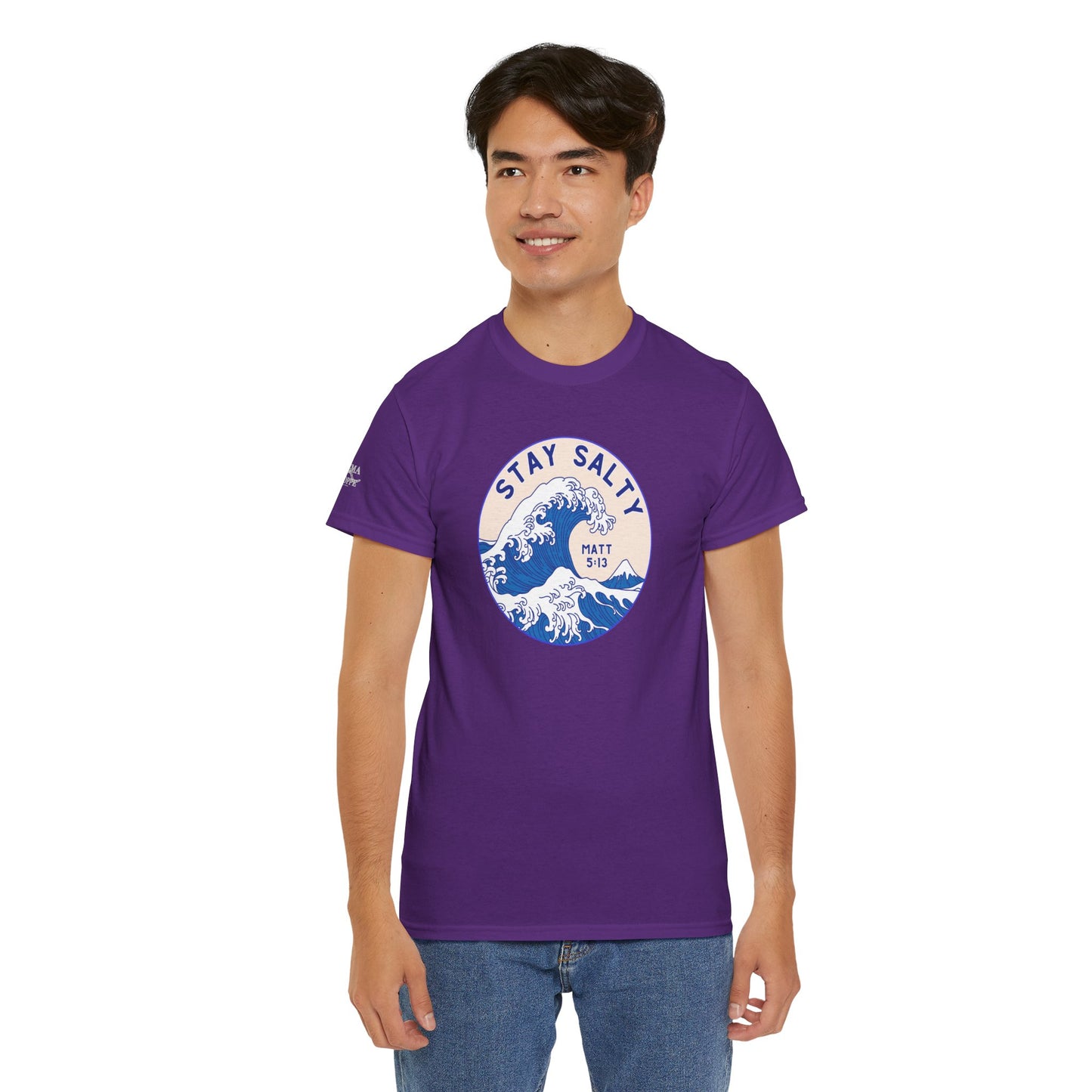 Stay Salty Surf T-Shirt — Coastal Wave Graphic with Matthew 5:13 (Hokusai-Inspired)