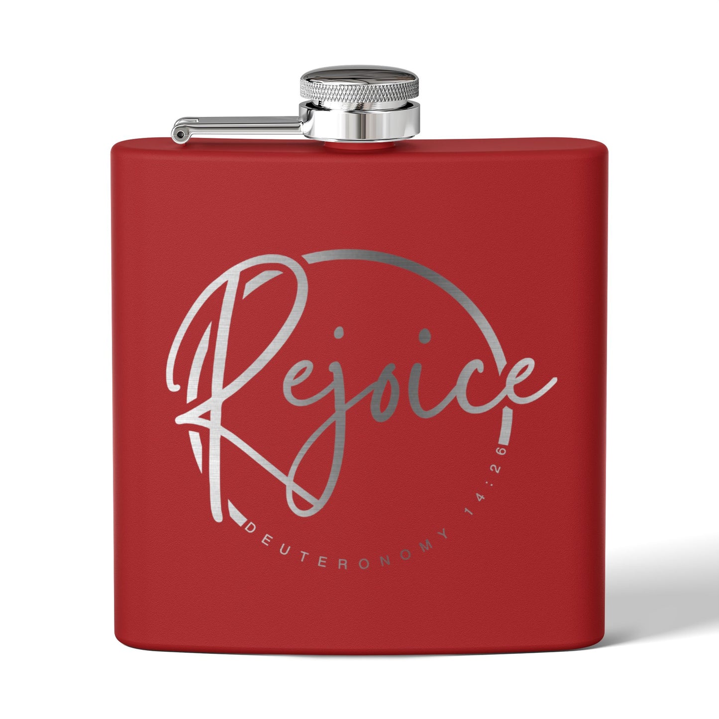 Rejoice Stainless Steel Flask — 6oz Inspirational Biblical Feasts Hip Flask (Deuteronomy 12:7)
