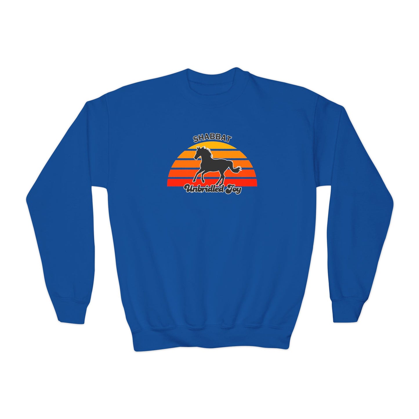Youth Crewneck Sweatshirt — "Shabbat: Unbridled Joy" Retro Sunset Horse Design