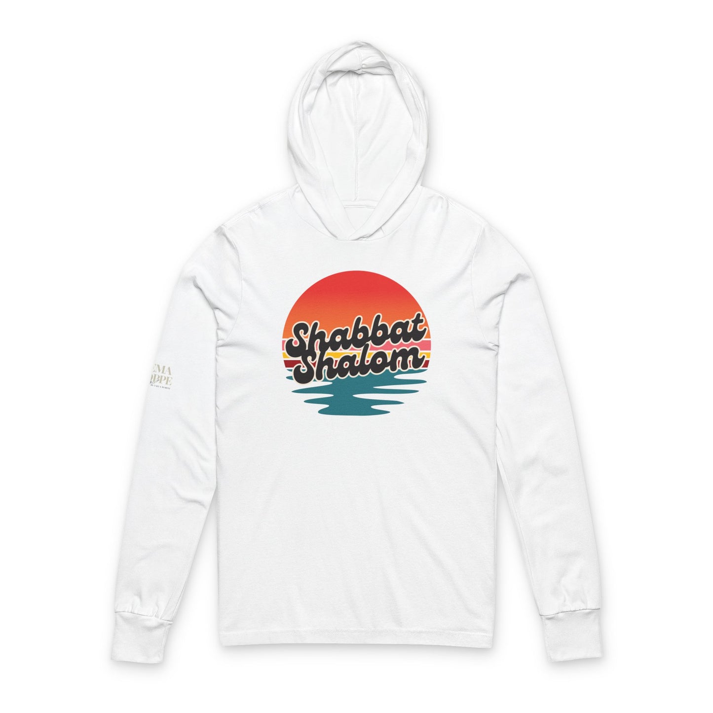 Shabbat Shalom Cotton Hooded Long Sleeve Tee — Retro Sunset Sabbath Shirt