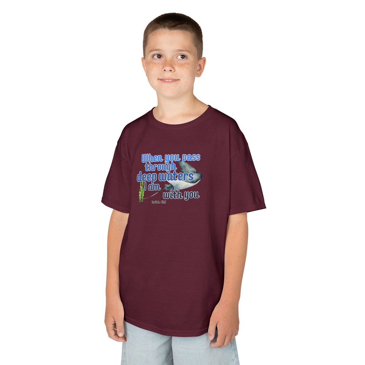"When you pass through deep waters I am with you" Stingray Bible Verse Shirt Kid's Shirt