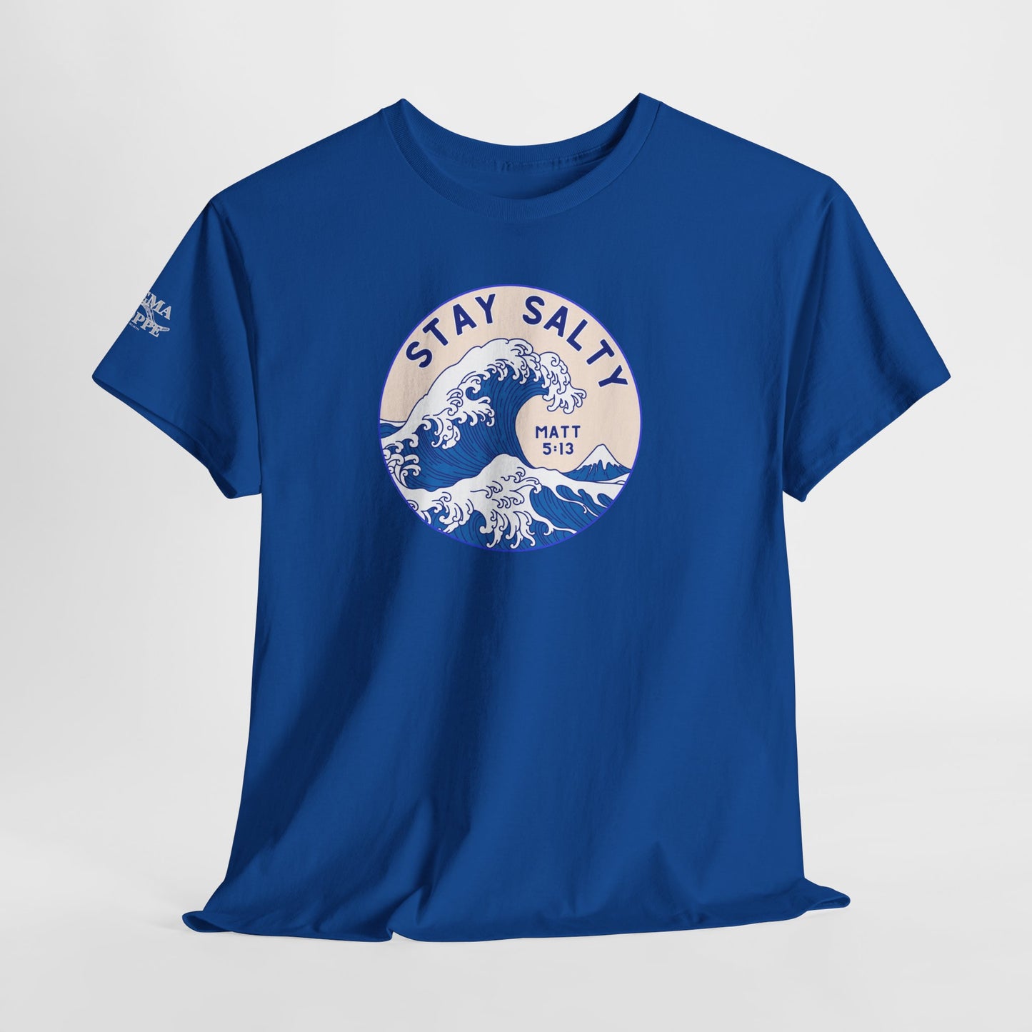 Stay Salty Surf T-Shirt — Coastal Wave Graphic with Matthew 5:13 (Hokusai-Inspired)