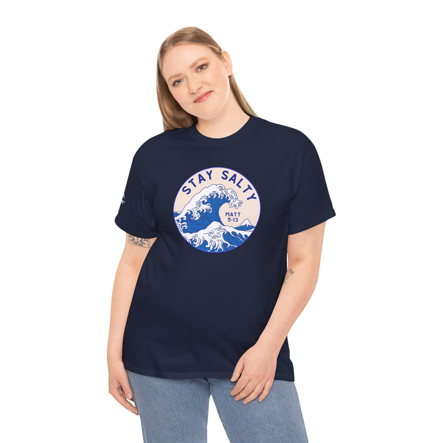 Stay Salty Surf T-Shirt — Coastal Wave Graphic with Matthew 5:13 (Hokusai-Inspired)
