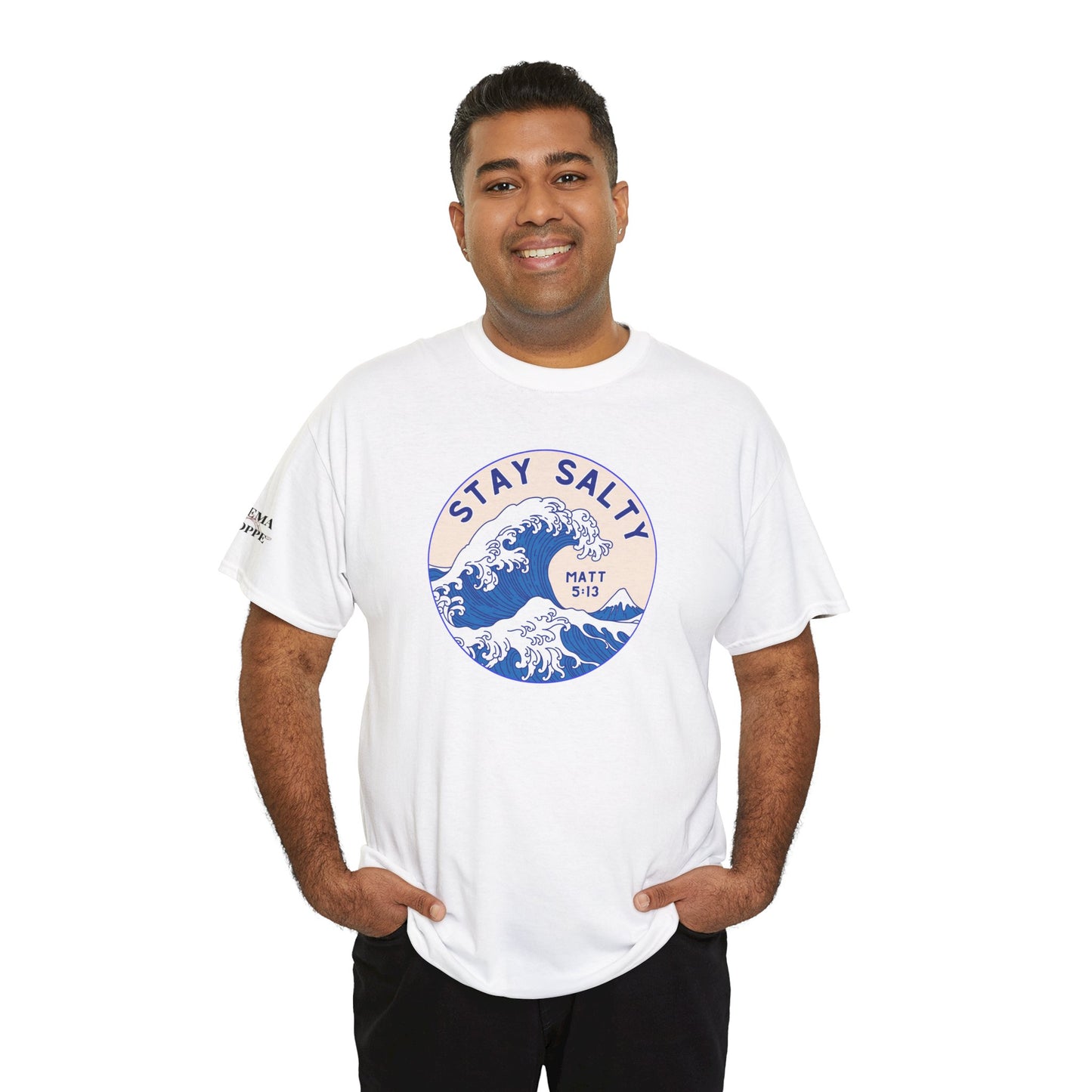 Stay Salty Surf T-Shirt — Coastal Wave Graphic with Matthew 5:13 (Hokusai-Inspired)