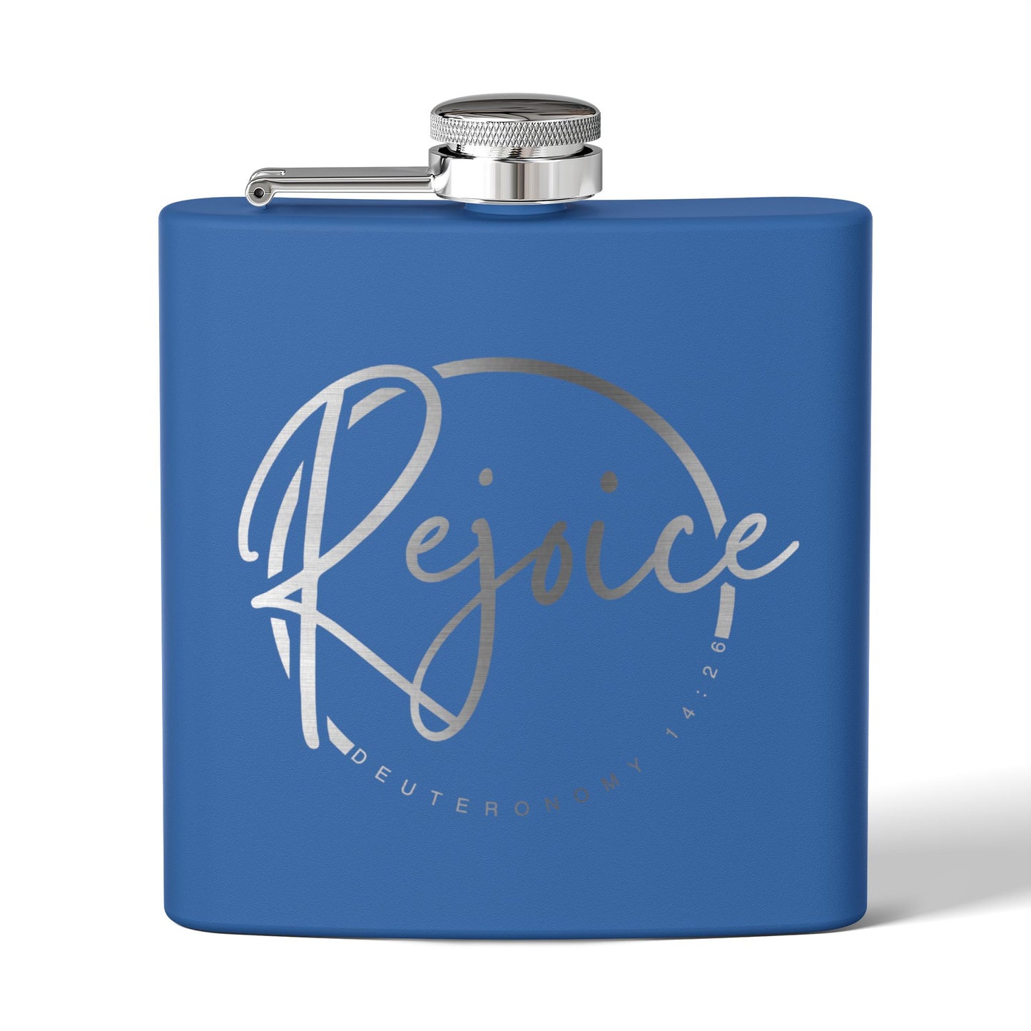 Rejoice Stainless Steel Flask — 6oz Inspirational Biblical Feasts Hip Flask (Deuteronomy 12:7)