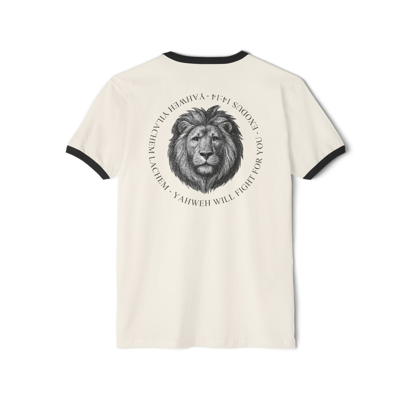 Ringer T-Shirt — Hebrew 'Yahweh Will Fight For You' with Lion Graphic Exodus 14:14