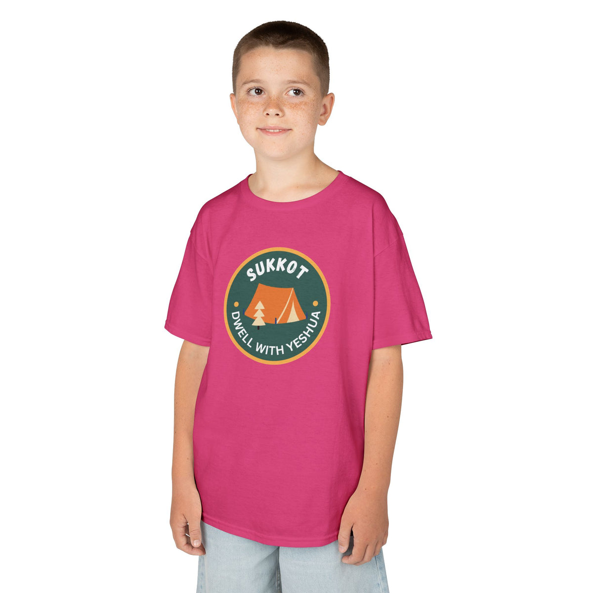 Kids Sukkot Tee — 'Sukkot - Dwell with Yeshua' Camping Badge Shirt