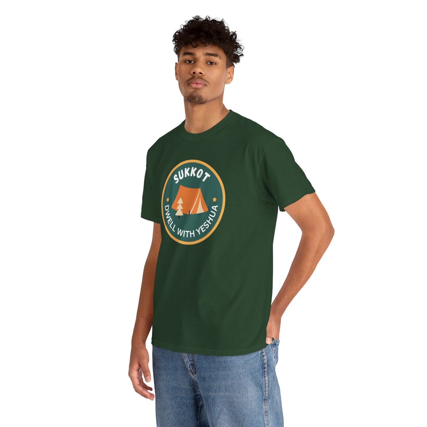 Sukkot Camping Tee — “Dwell With Yeshua” Biblical Feast T‑Shirt
