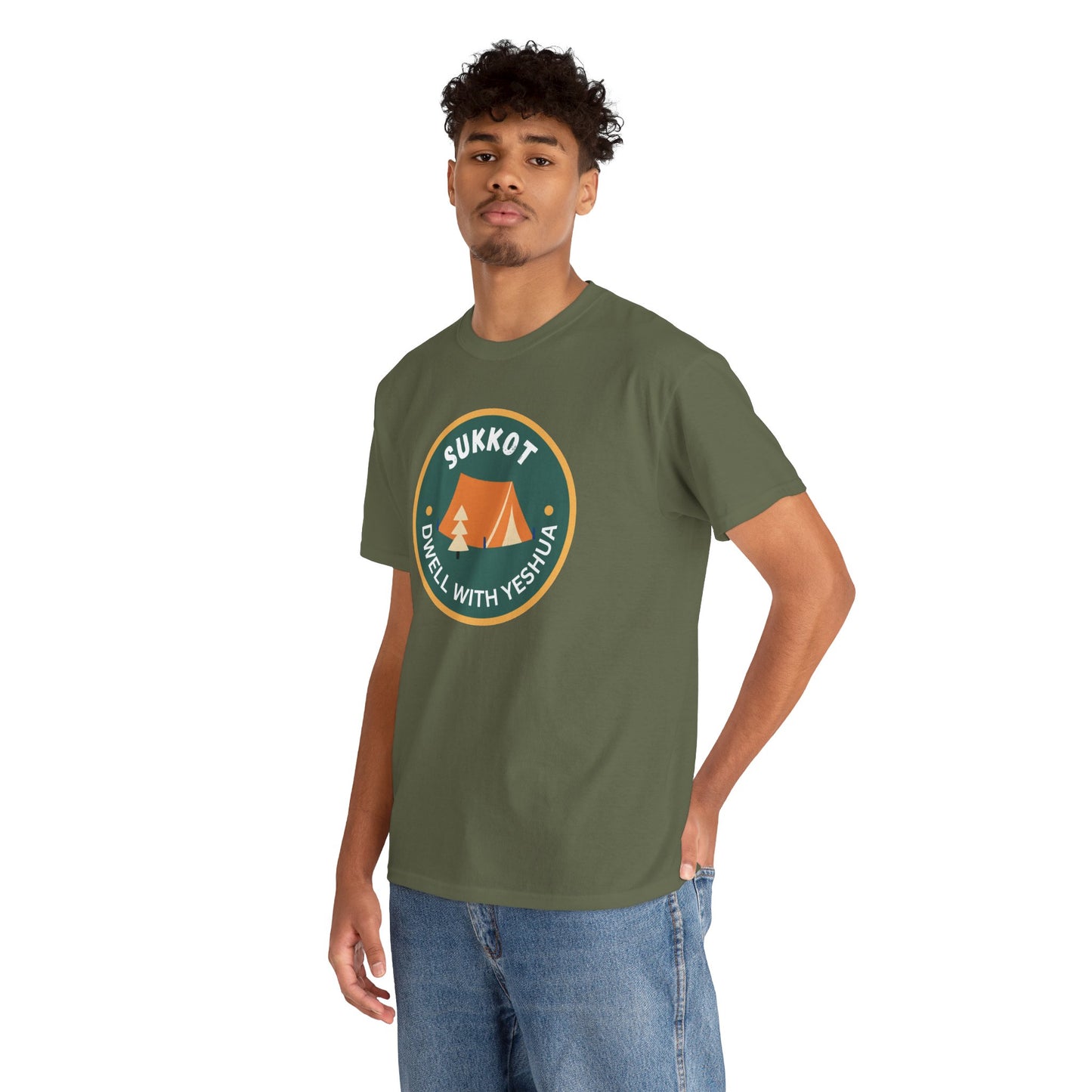 Sukkot Camping Tee — “Dwell With Yeshua” Biblical Feast T‑Shirt