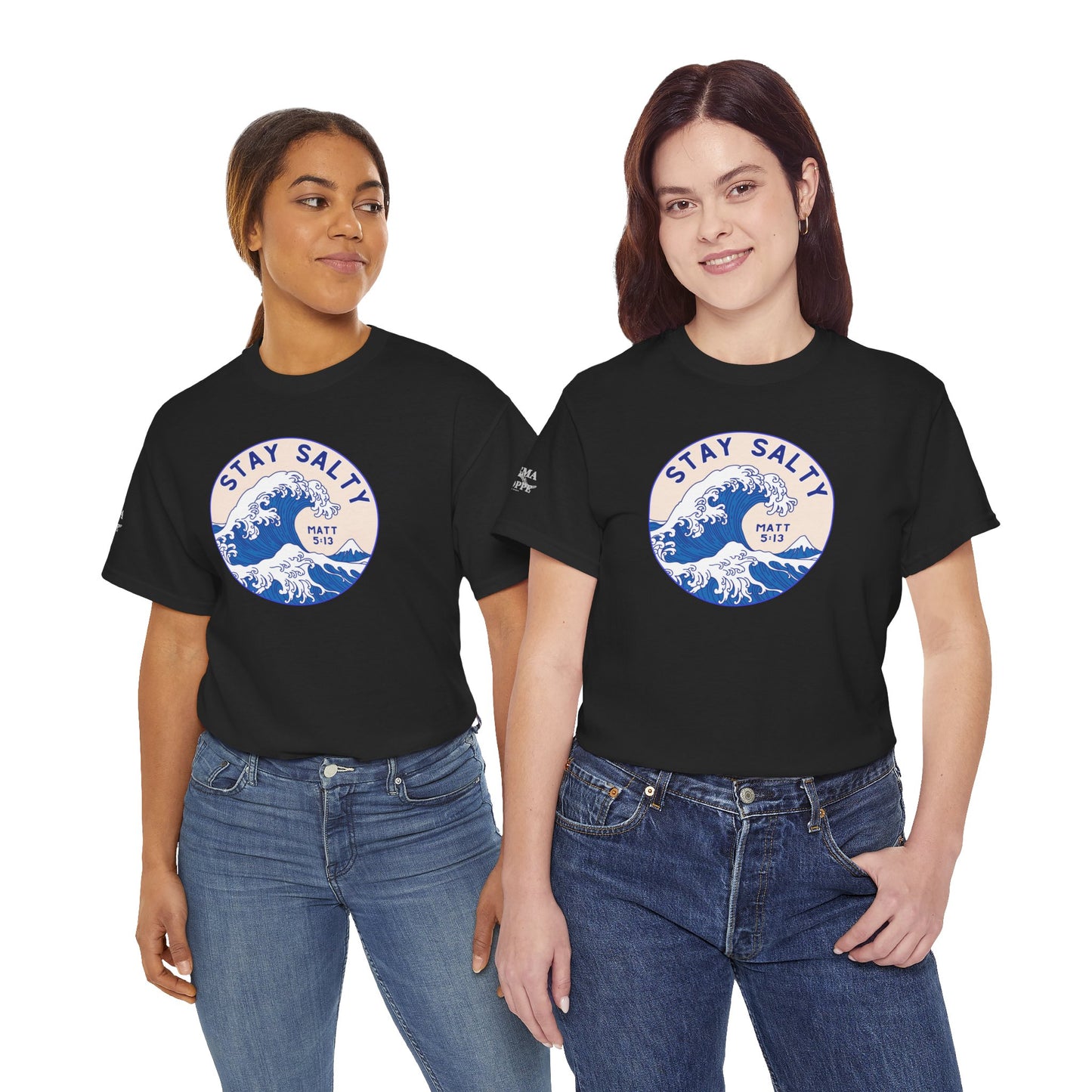 Stay Salty Surf T-Shirt — Coastal Wave Graphic with Matthew 5:13 (Hokusai-Inspired)