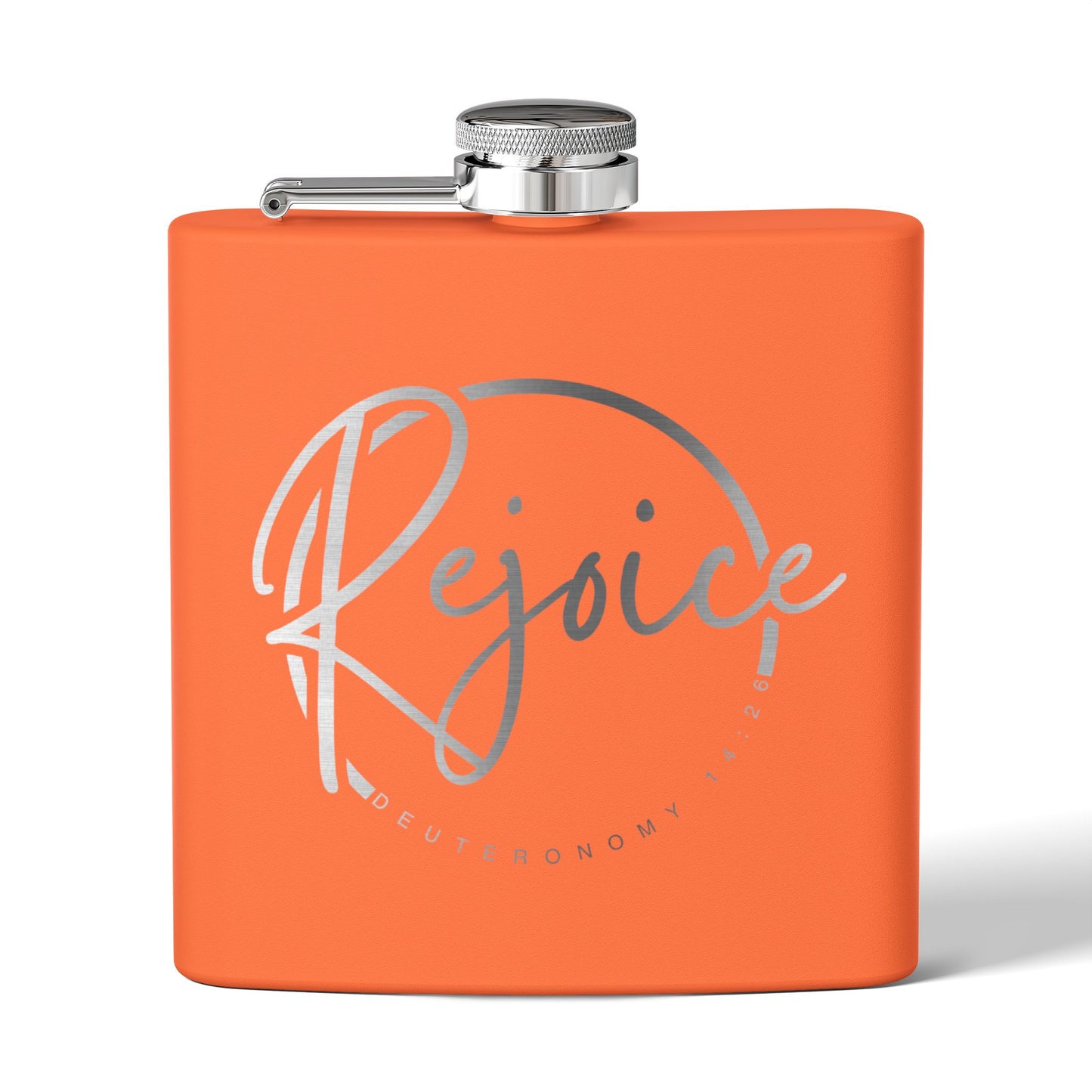 Rejoice Stainless Steel Flask — 6oz Inspirational Biblical Feasts Hip Flask (Deuteronomy 12:7)