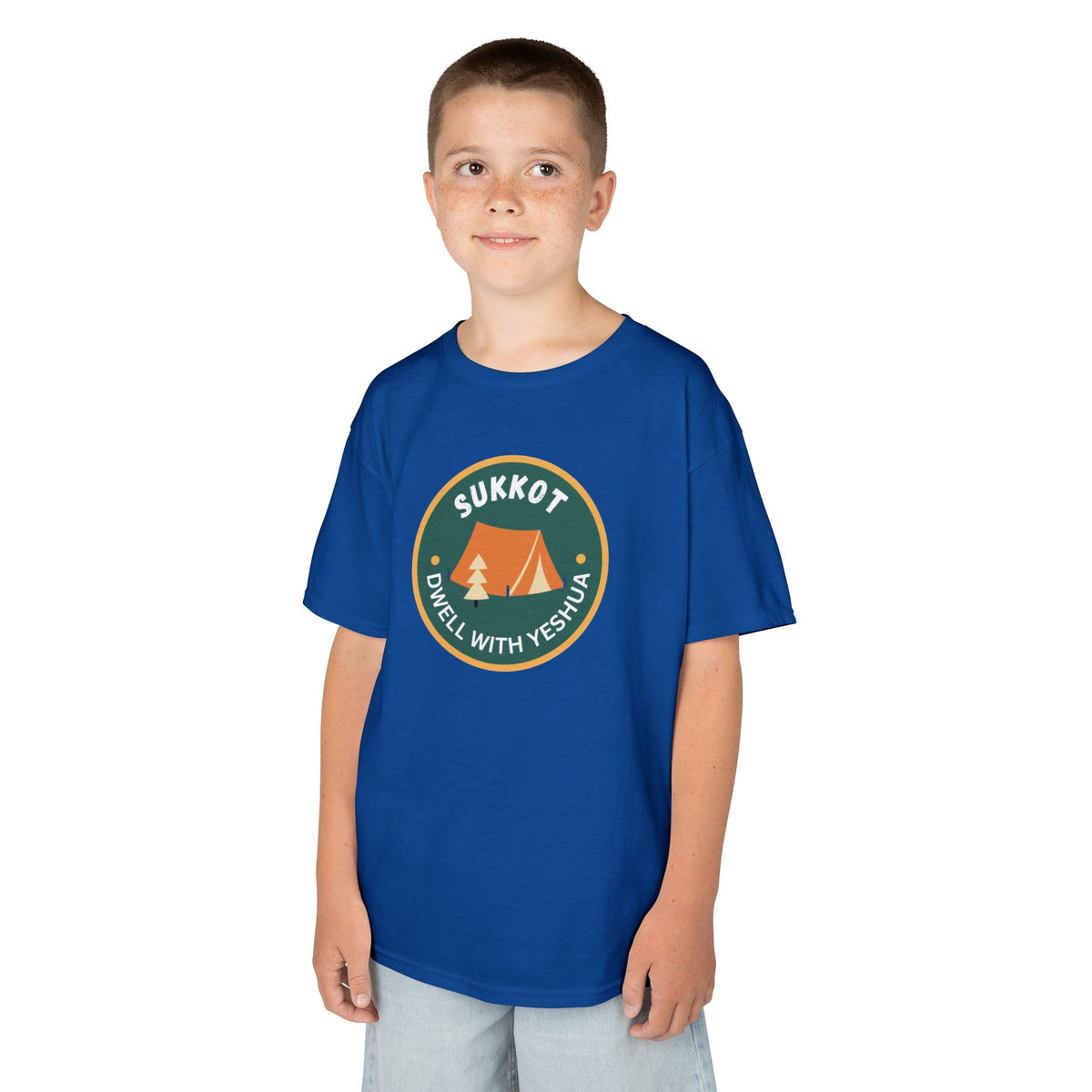 Kids Sukkot Tee — 'Sukkot - Dwell with Yeshua' Camping Badge Shirt