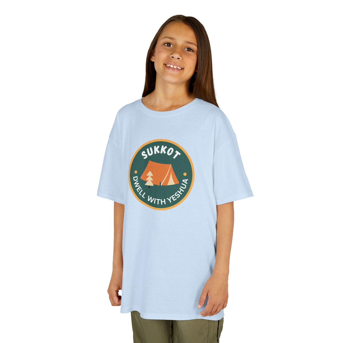 Kids Sukkot Tee — 'Sukkot - Dwell with Yeshua' Camping Badge Shirt