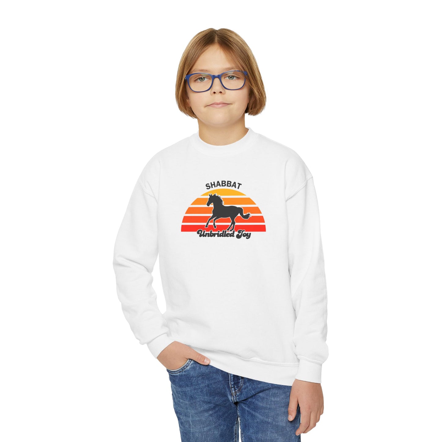 Youth Crewneck Sweatshirt — "Shabbat: Unbridled Joy" Retro Sunset Horse Design