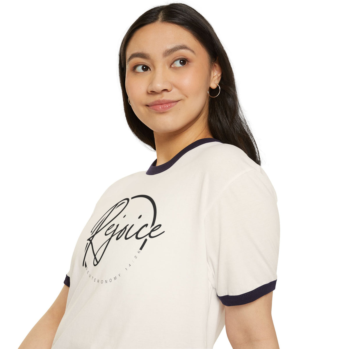 Rejoice Script Ringer Tee — Inspirational Torah Inspired Biblical Feast Graphic T-Shirt