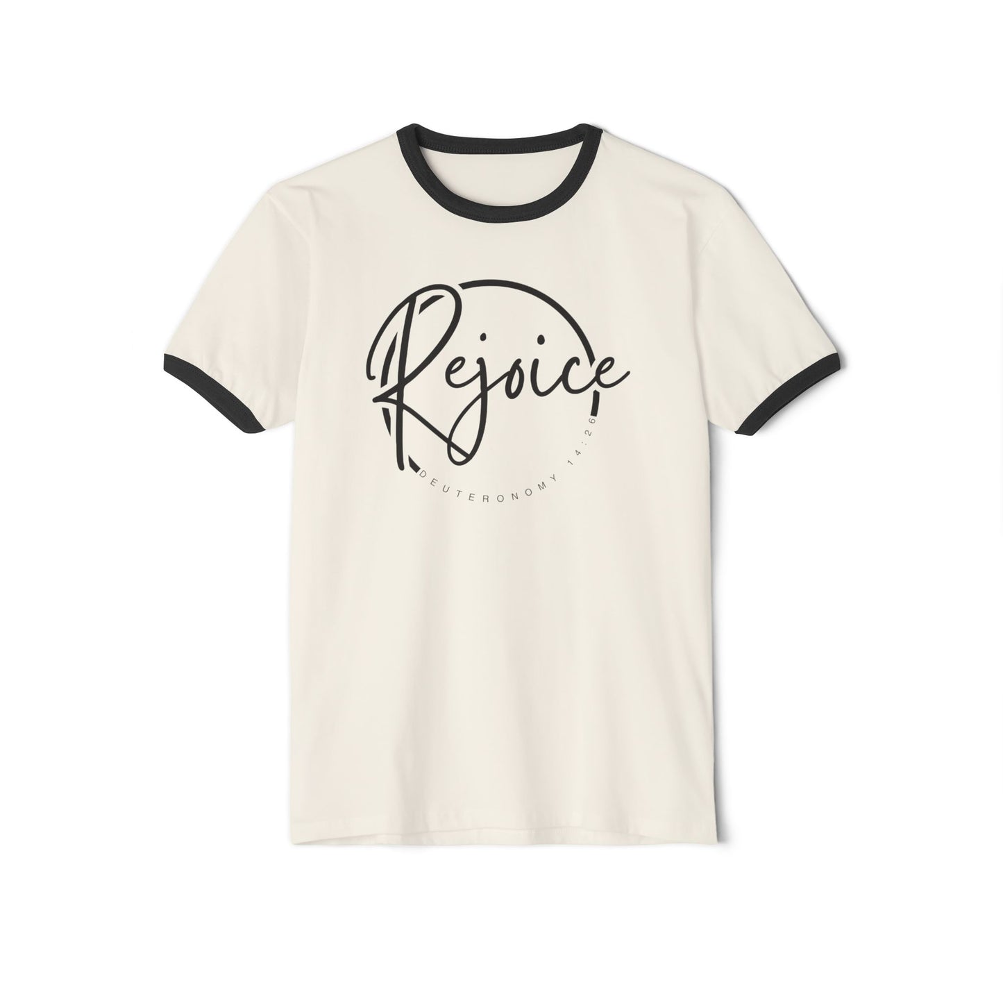 Rejoice Script Ringer Tee — Inspirational Torah Inspired Biblical Feast Graphic T-Shirt