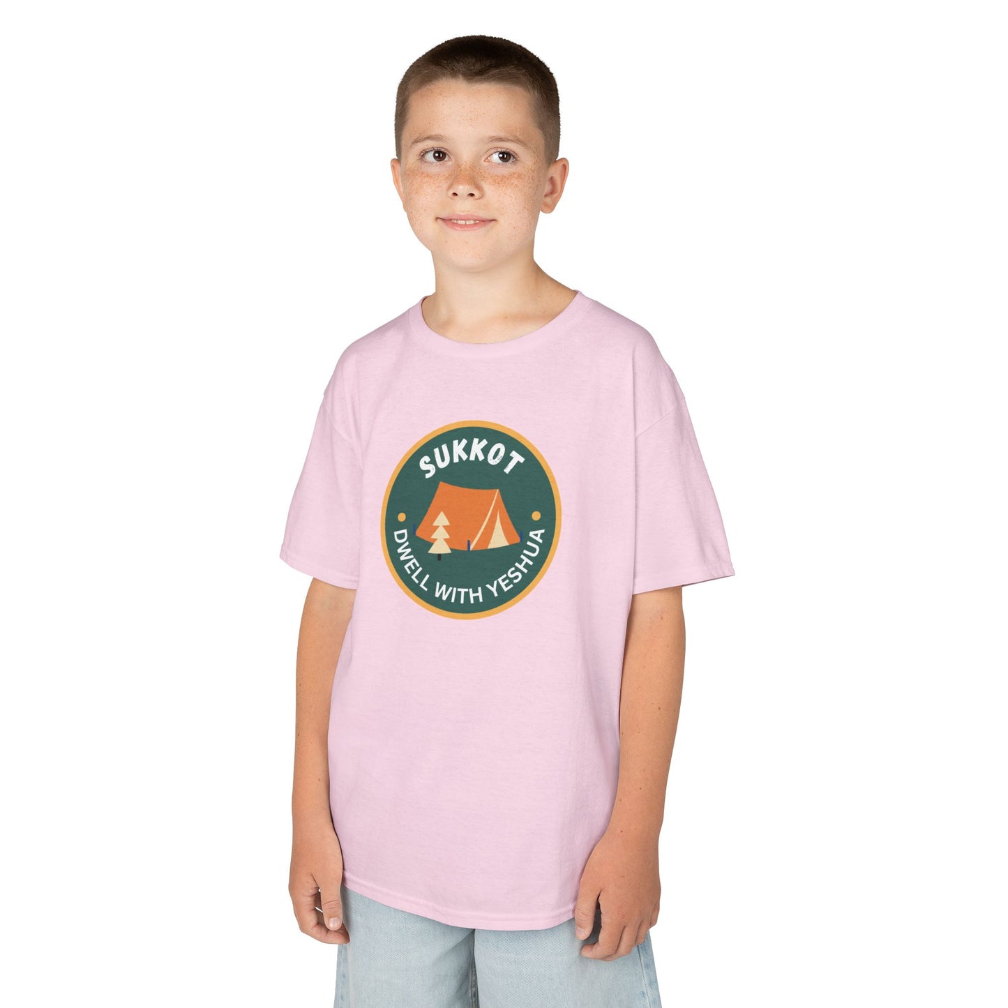 Kids Sukkot Tee — 'Sukkot - Dwell with Yeshua' Camping Badge Shirt