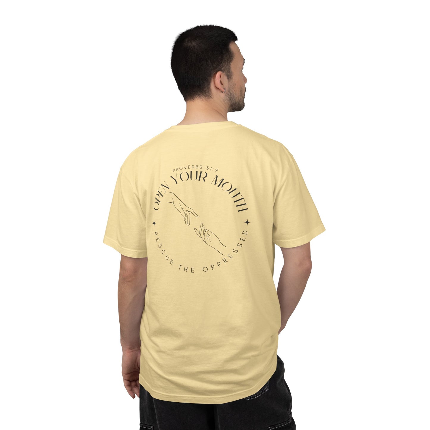 Open your Mouth Garment-Dyed T-Shirt — Rescue the Oppressed Back Print