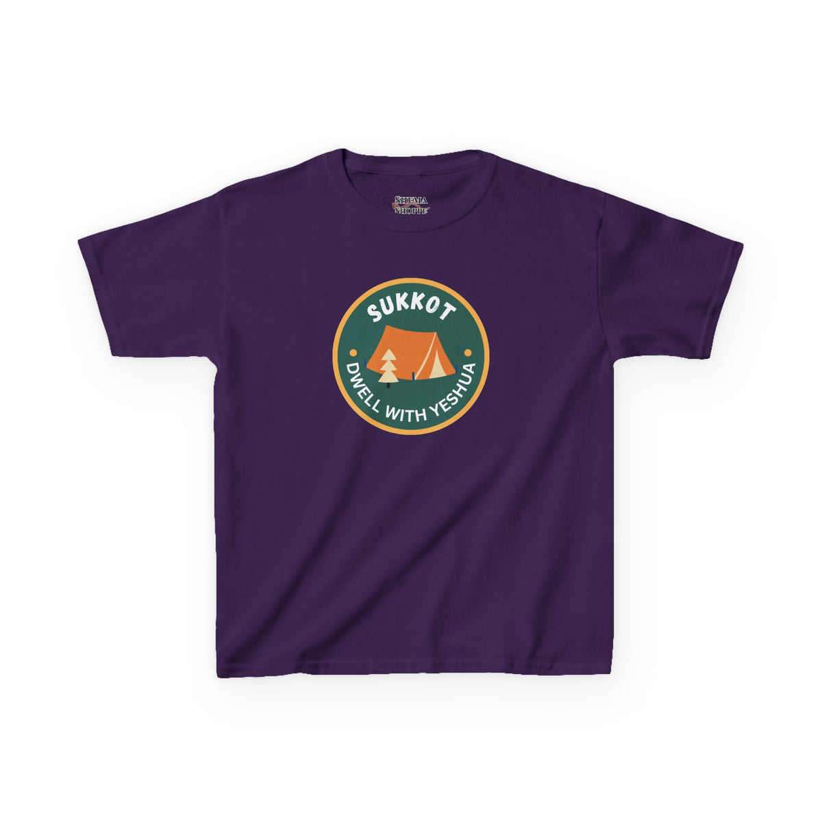 Kids Sukkot Tee — 'Sukkot - Dwell with Yeshua' Camping Badge Shirt