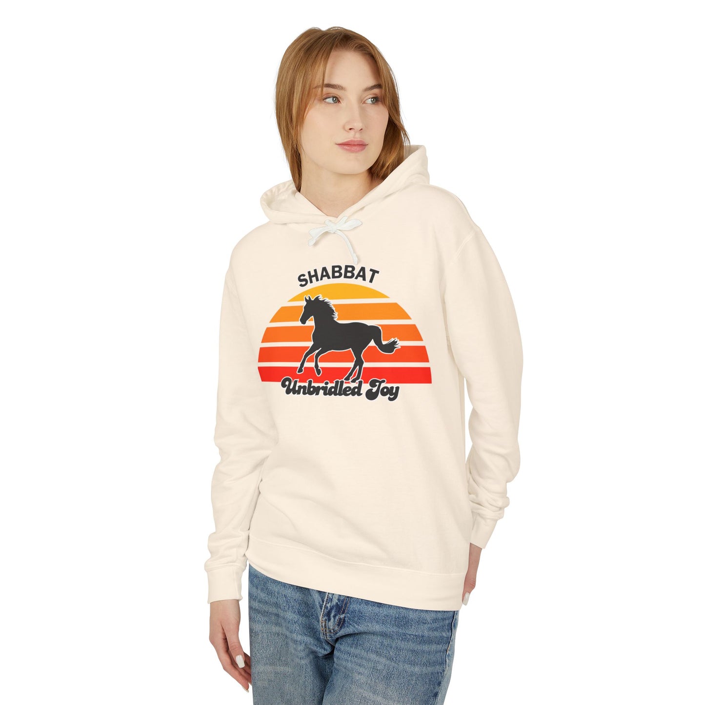 Shabbat Unbridled Joy Hoodie — Retro Sunset Horse Hooded Sweatshirt