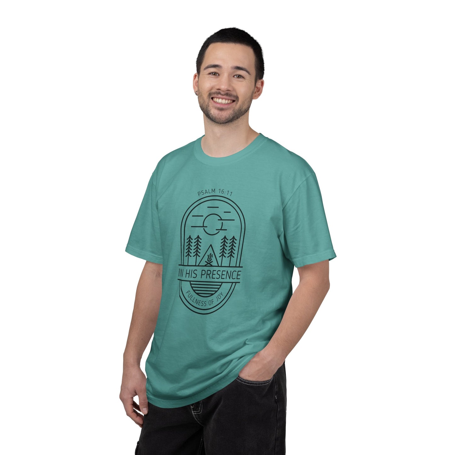 In His Presence T-Shirt — Psalm 16:11 Bible Verse Nature Comfort Colors Cotton Shirt