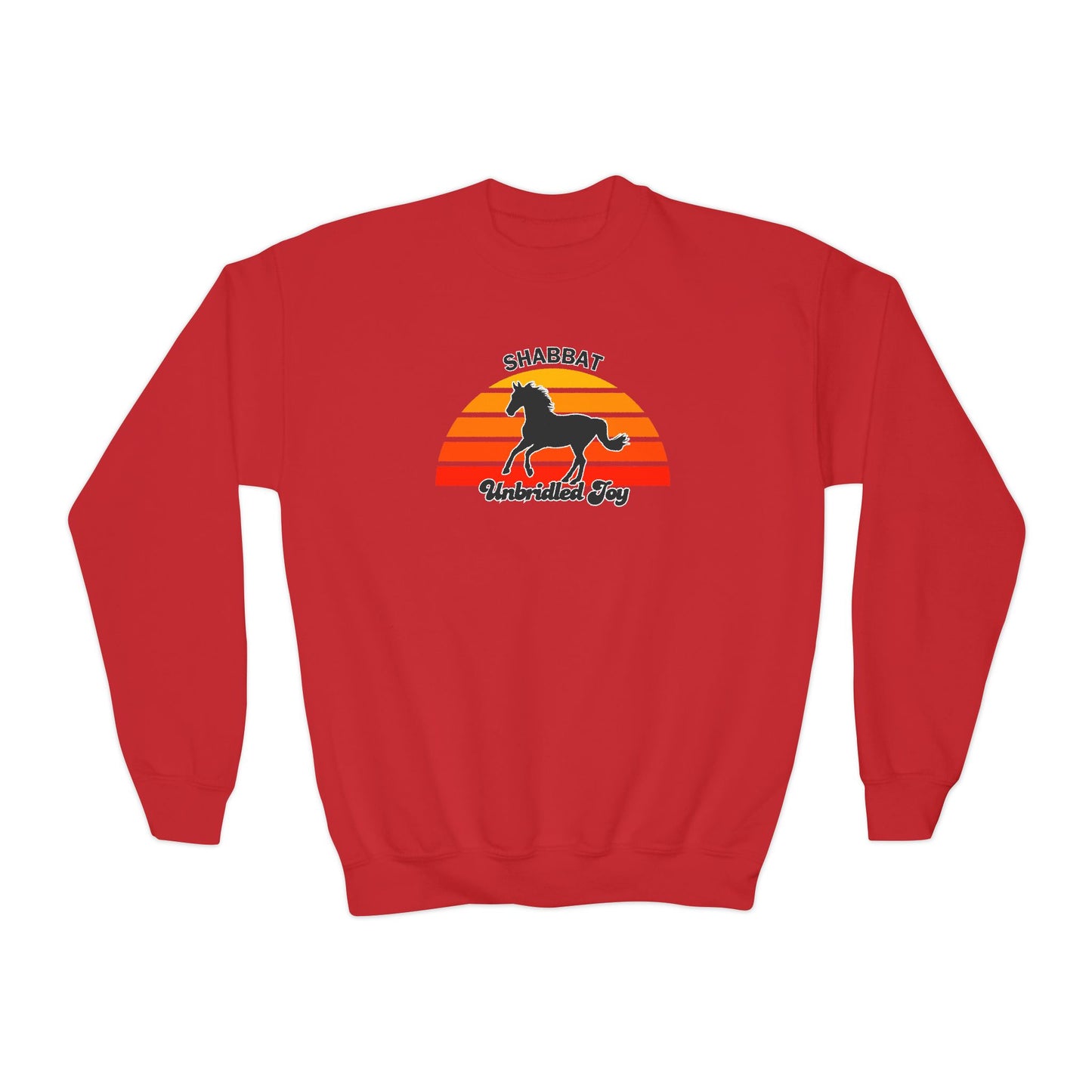 Youth Crewneck Sweatshirt — "Shabbat: Unbridled Joy" Retro Sunset Horse Design