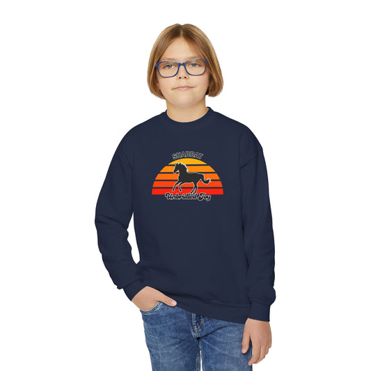 Youth Crewneck Sweatshirt — "Shabbat: Unbridled Joy" Retro Sunset Horse Design
