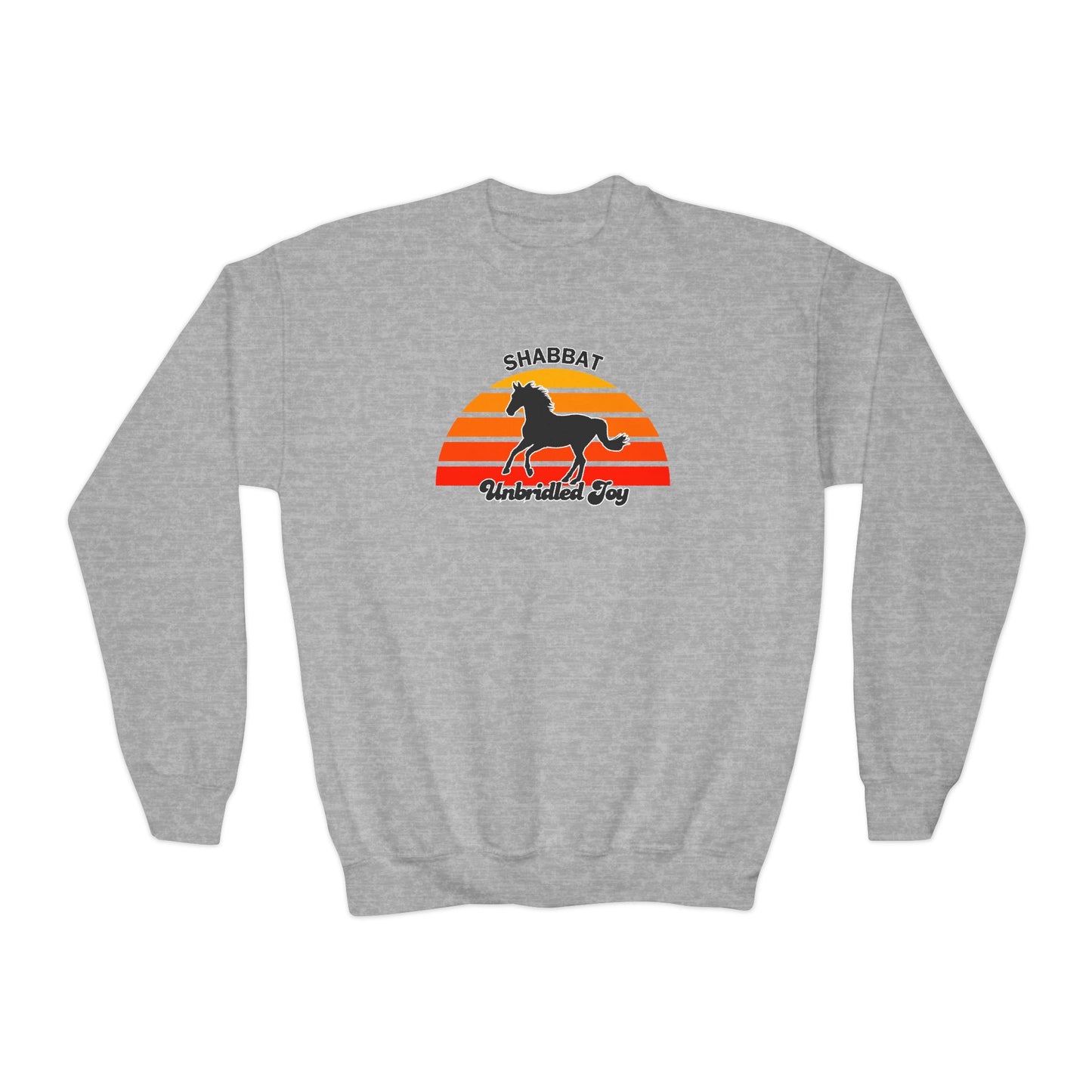 Youth Crewneck Sweatshirt — "Shabbat: Unbridled Joy" Retro Sunset Horse Design