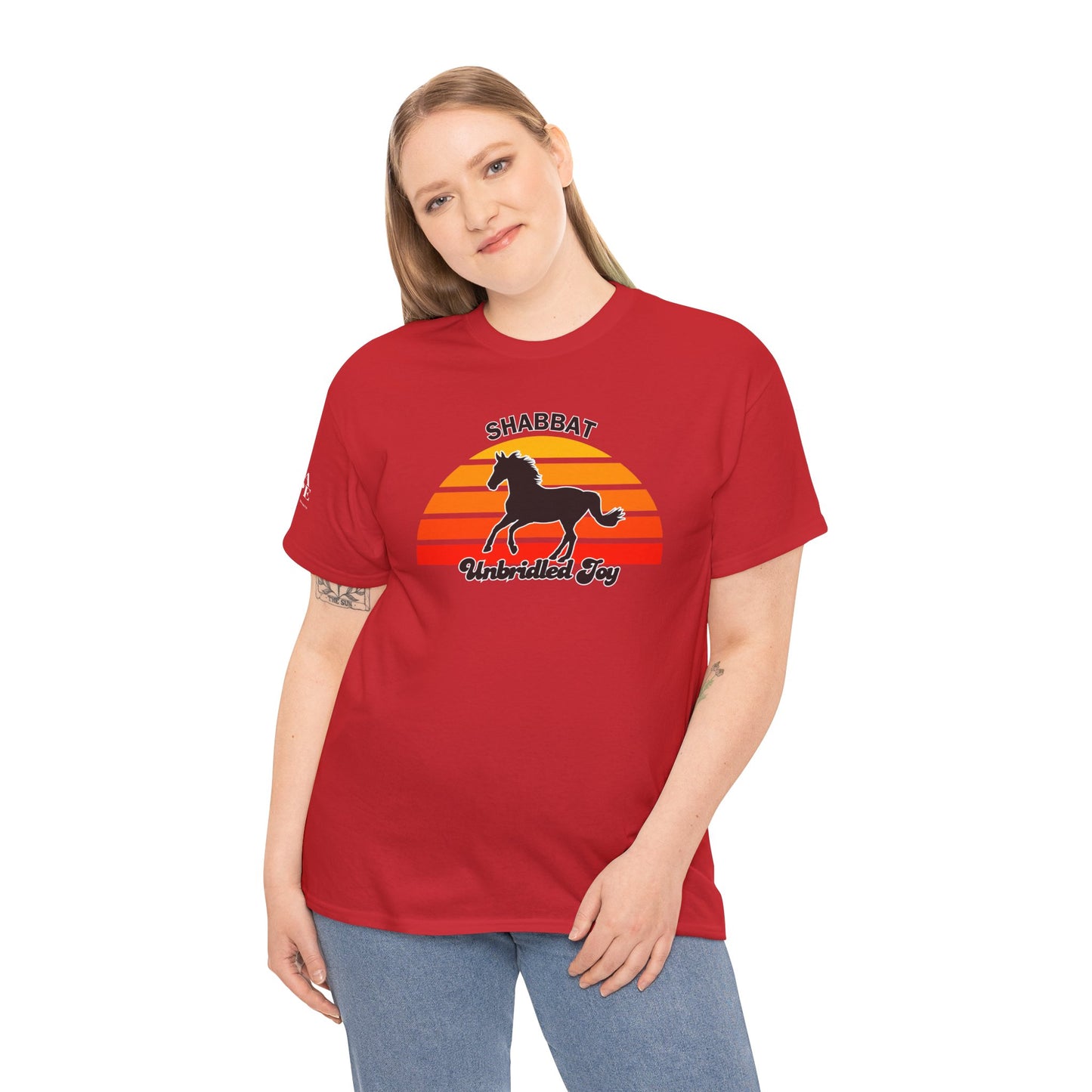 Shabbat Unbridled Joy Tee — Retro Horse Sabbath Sunset T‑Shirt