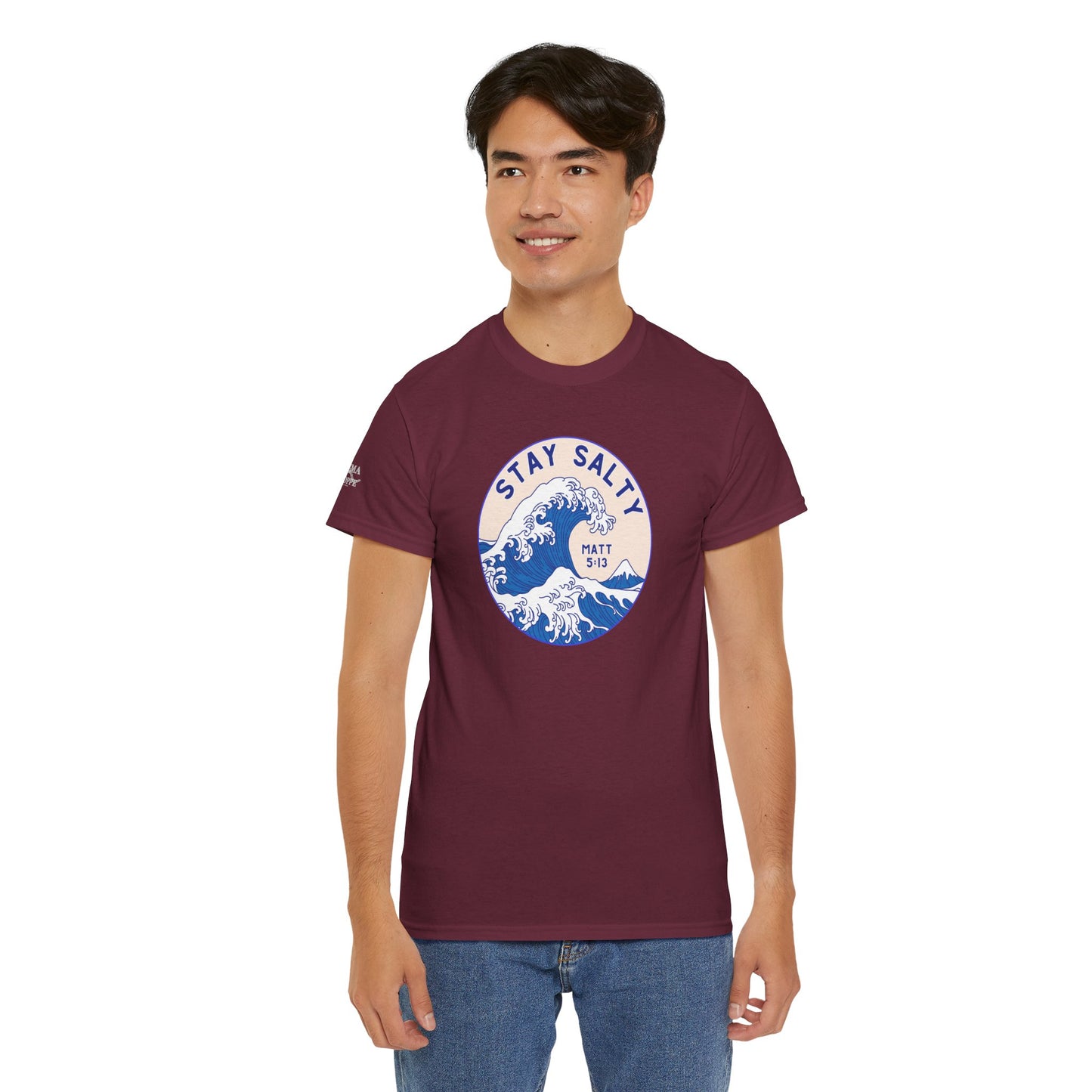 Stay Salty Surf T-Shirt — Coastal Wave Graphic with Matthew 5:13 (Hokusai-Inspired)