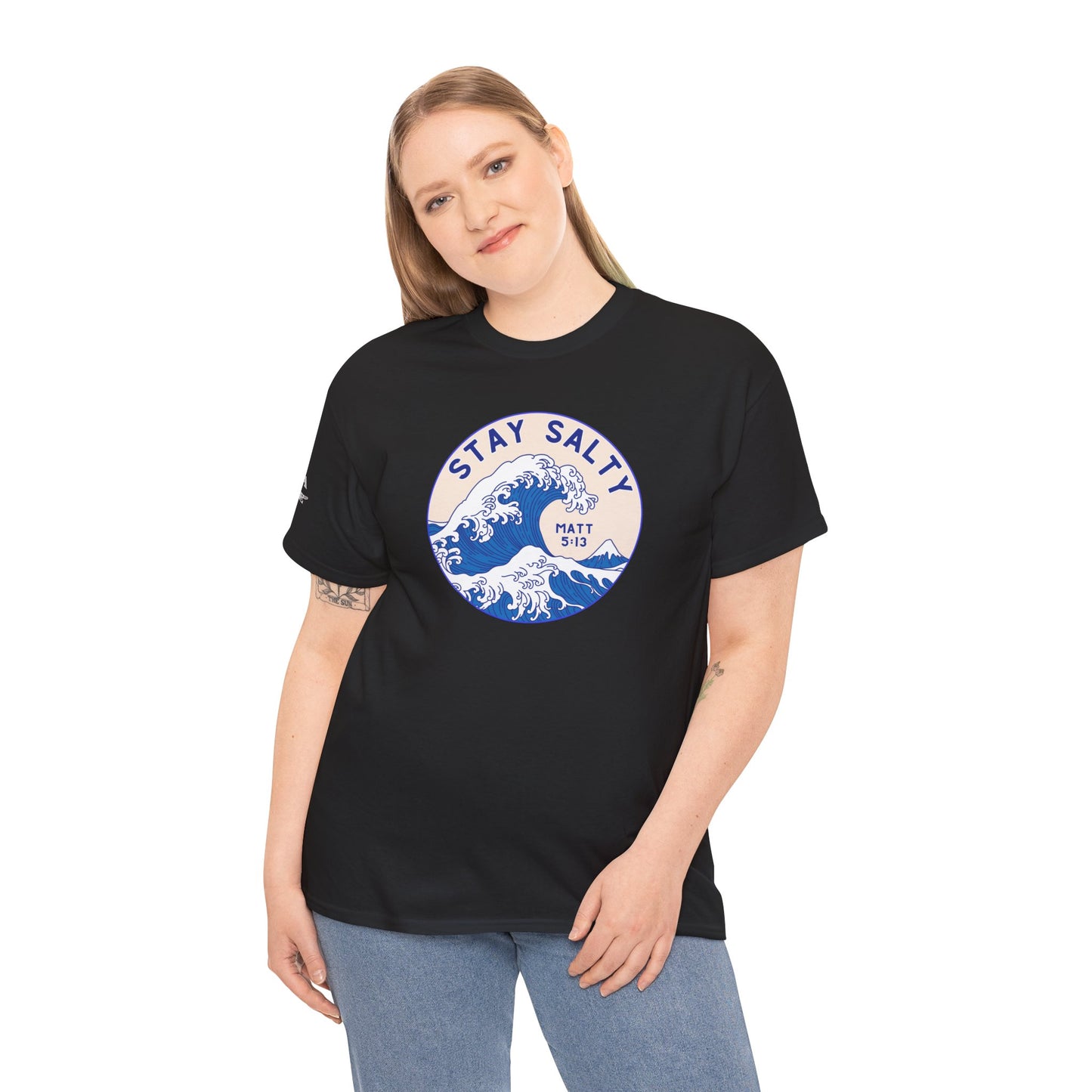 Stay Salty Surf T-Shirt — Coastal Wave Graphic with Matthew 5:13 (Hokusai-Inspired)